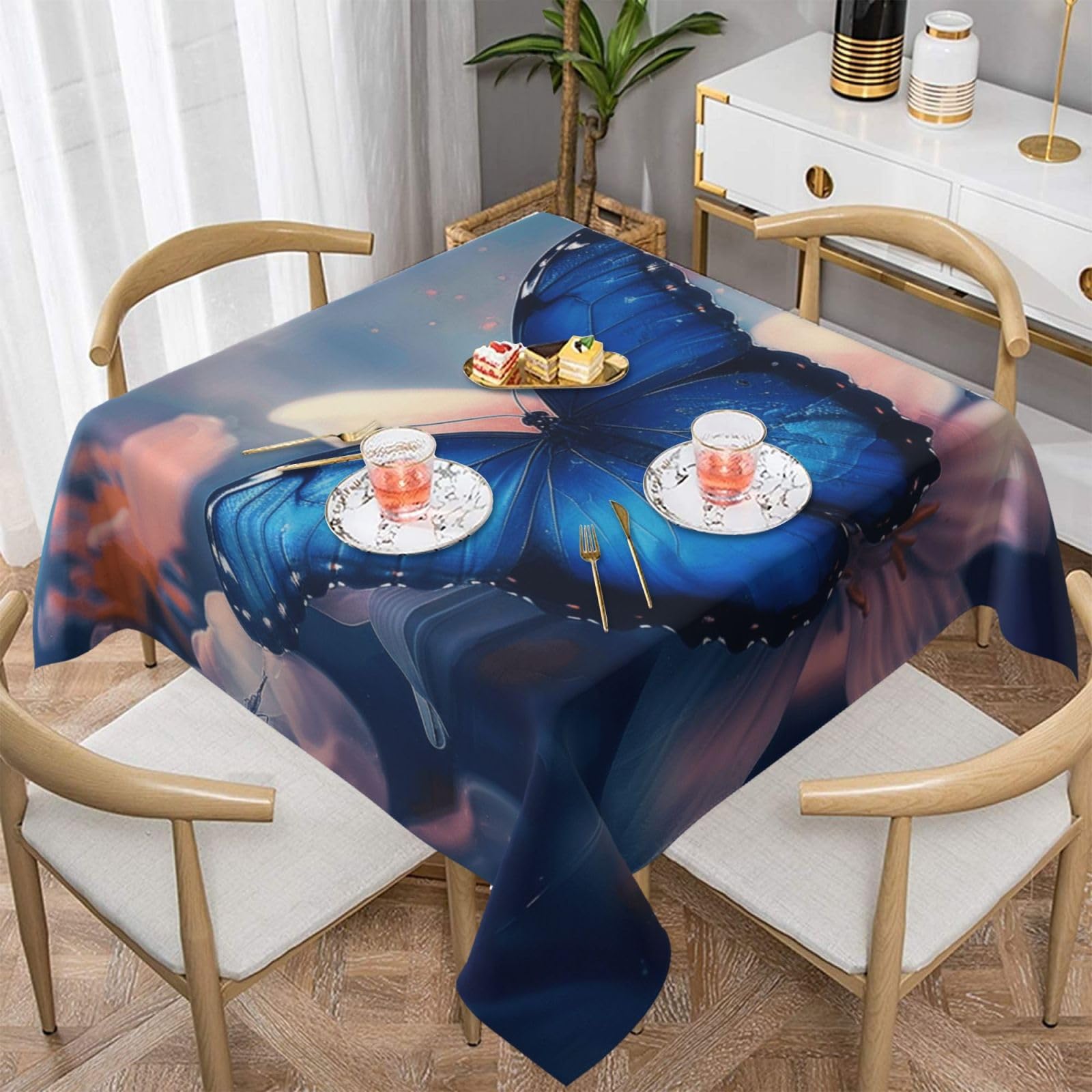 WPKJU Blue Butterfly Printed Square Tablecloth 54x54 inch Water Resistant Table Cover Washable Rectangle Table Cloth for Dining Tables