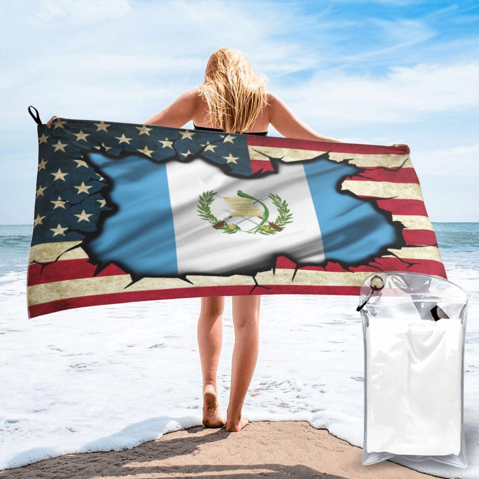 HACXZ Vintage America Flag and Guatemala Flag Absorbent Beach Towel Microfiber Beach Towel Lightweight 27.5"X55"