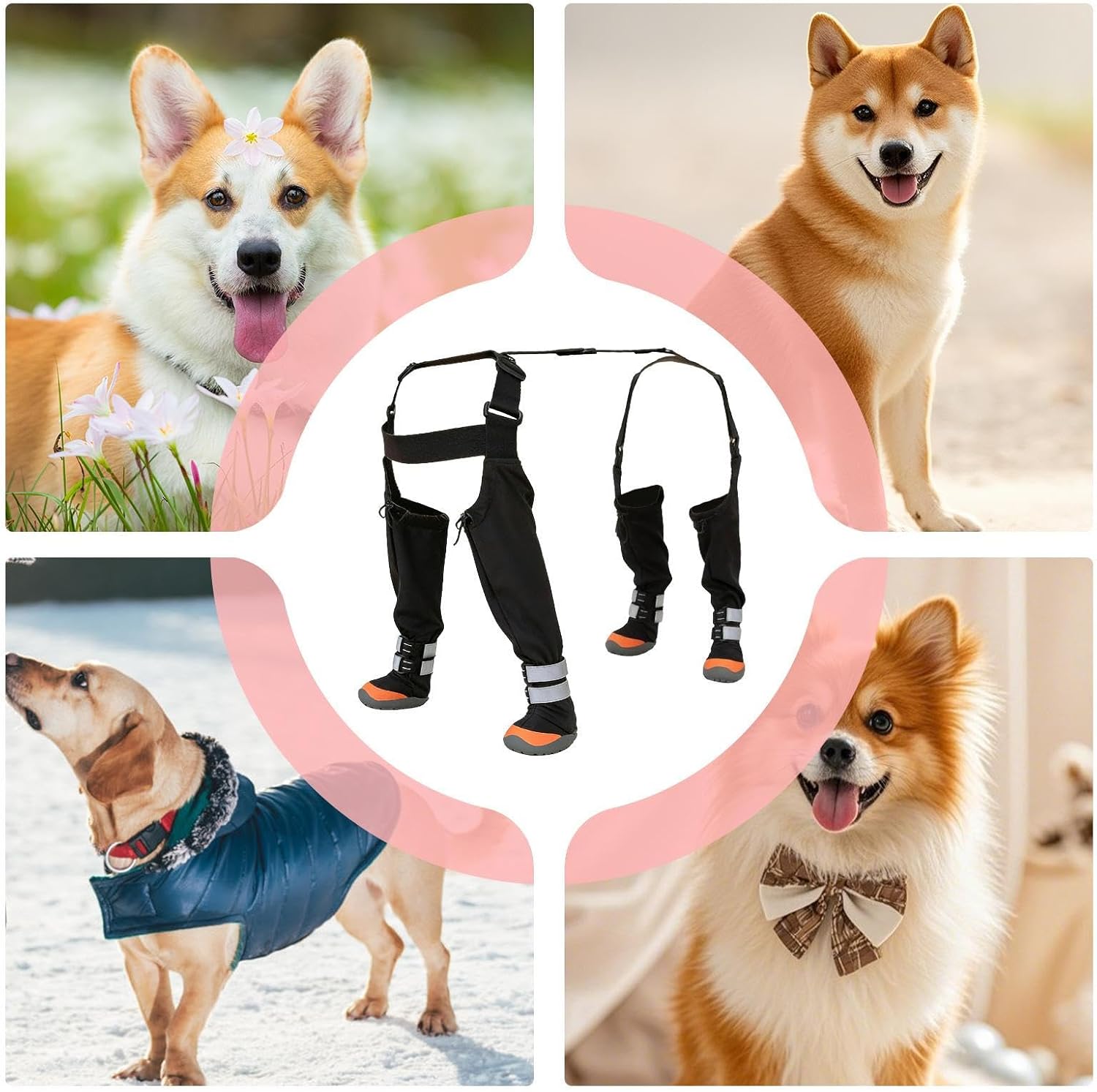 Dog Suspender Boots – Adjustable Waterproof Pet Shoes, Comfortable Protective Design, Lightweight Easy-To-Wear Construction, Reflective Safety Strip | Puppy Boots For Cold Weather Winter Outdoor Walks