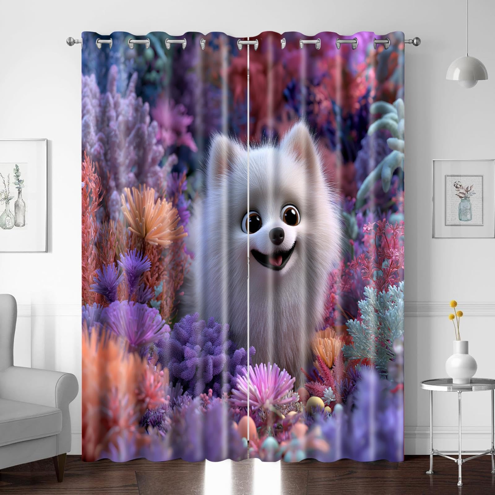 Rideaux occultants blancs imprimés chien corail 214x180cm