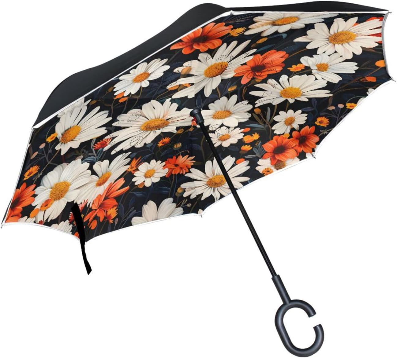 Daisy Flowers Floral Inverted Umbrellas for Rain Windproof Reverse Upside Down Golf Umbrella with C-shape Handle for Men Women