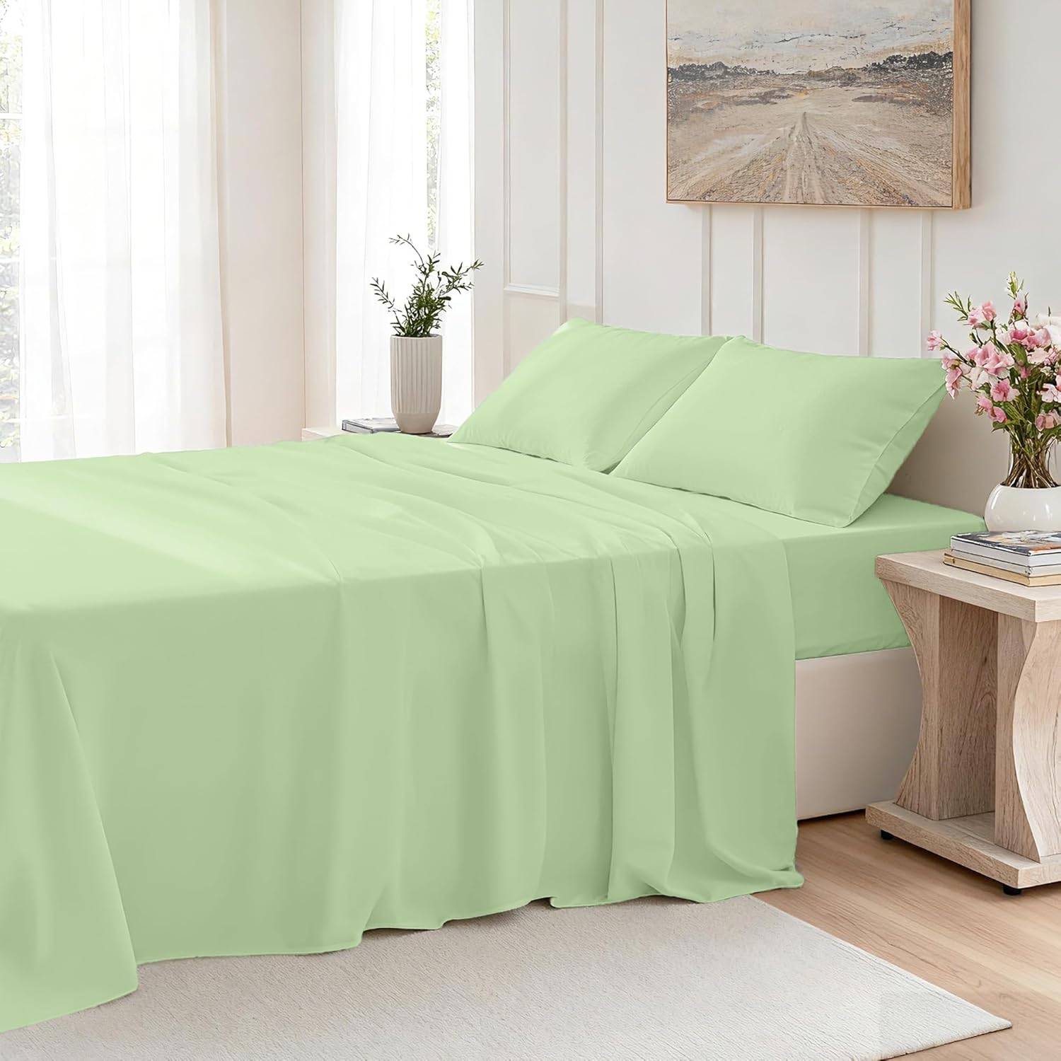 Queen Size 4 Piece Sheet Set - Comfy Breathable & Cooling Bed Sheets Set, Soft and Wrinkle Free, Deep Pockets, Easy & Secure Fit, Hotel Luxury Bedding for Women, Men - Oeko-Tex - Sage Green - Image 9
