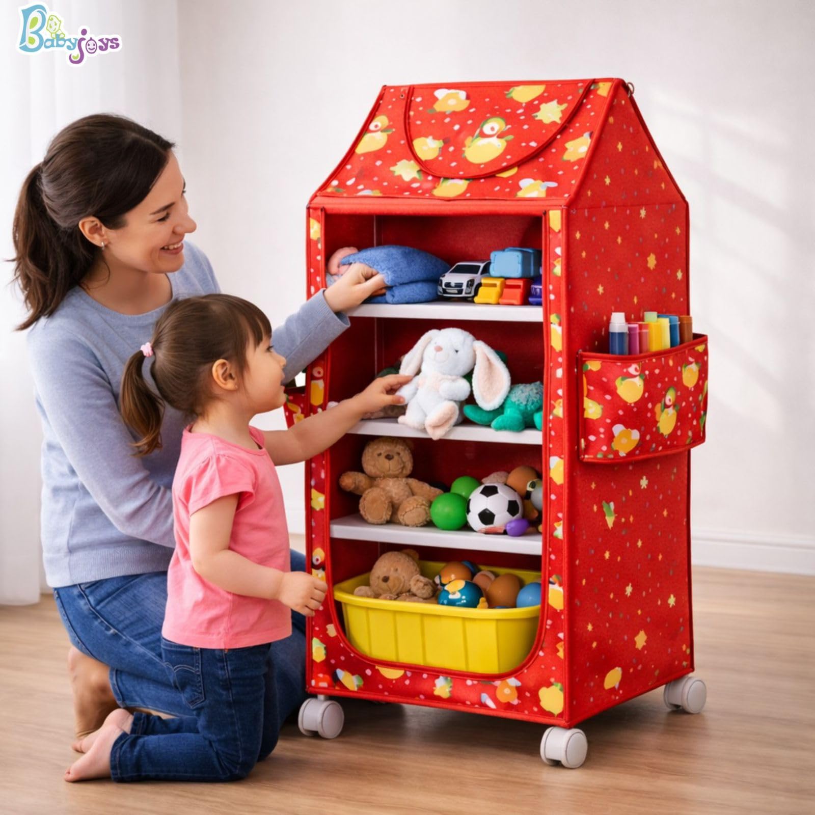 Babyjoys Multipurpose Baby Wardrobe Organizer with 5 Shelves | Baby Clothes Organizer & Storage | Baby Almirah/Almera Plastic Cupboard for Clothes, Foldable (Unbreakable Material) | Cherry Red 4