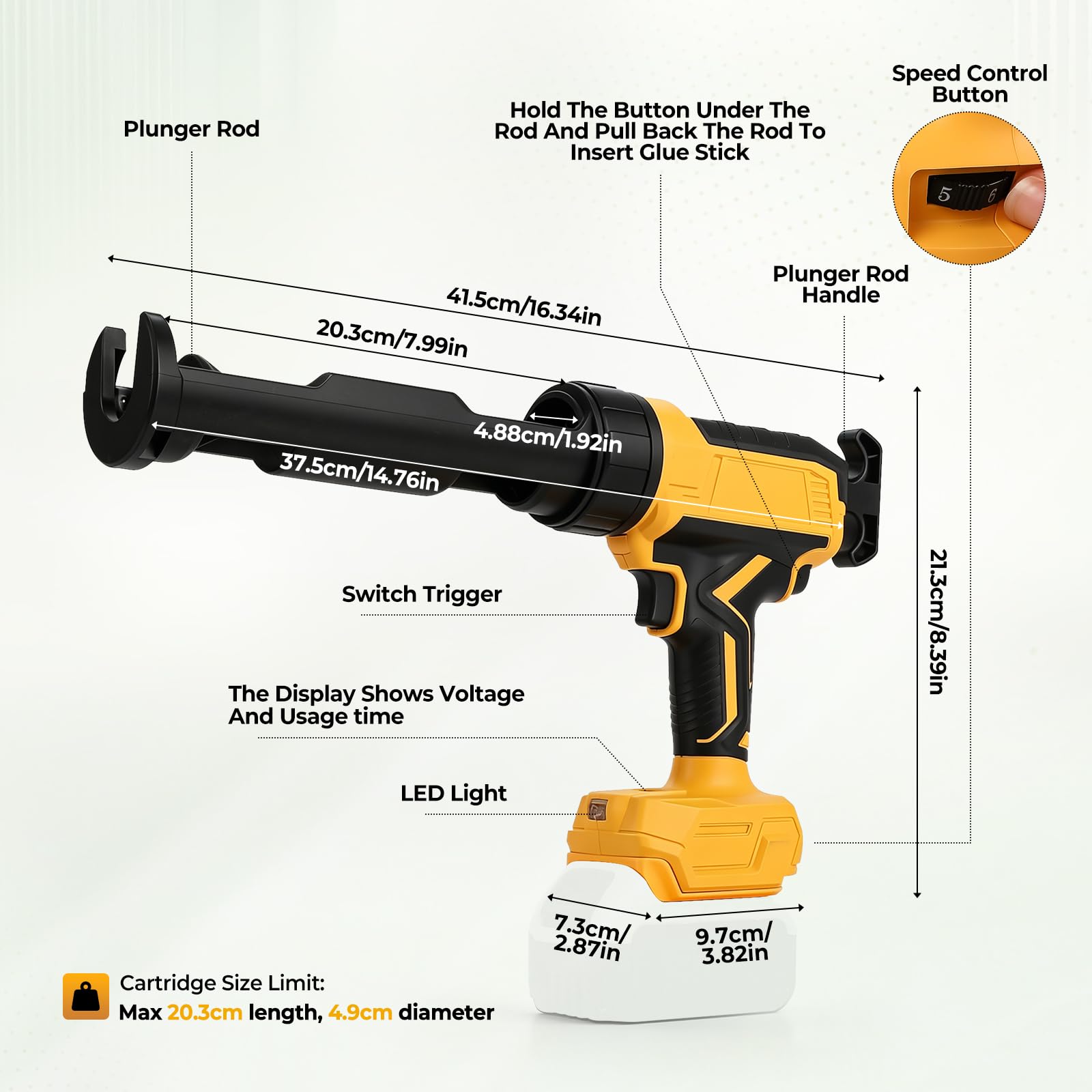 Pistola de cartucho con batería, compatible con batería DeWalt 18 V 20 V, 600 kg de fuerza de empuje, pistola eléctrica de silicona ajustable en 6 niveles con luz LED para cartuchos de 300 ml (sin