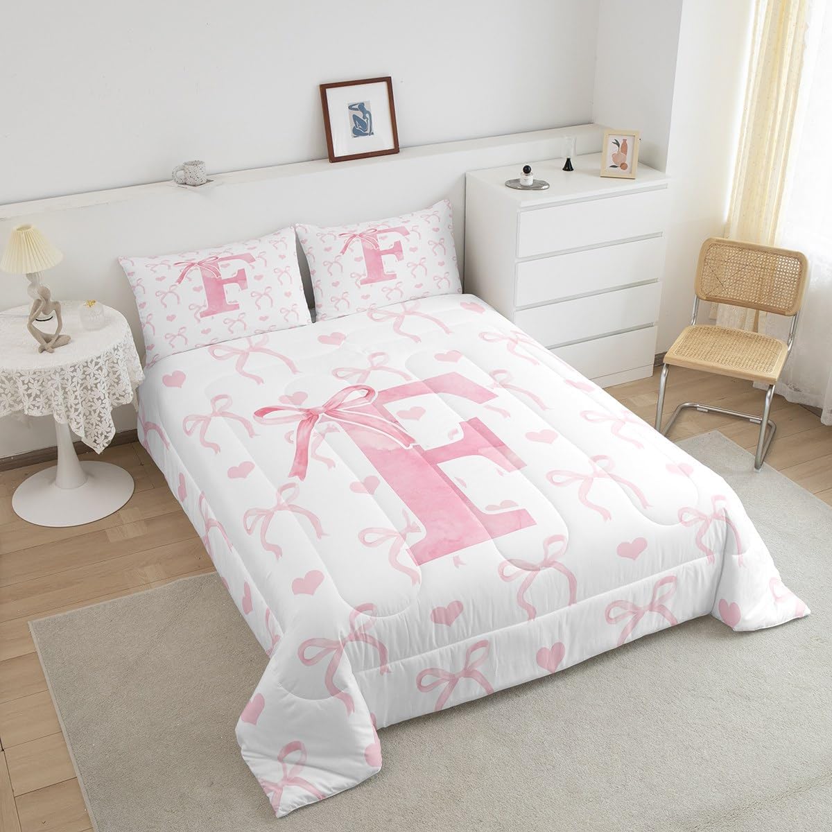 Erosebridal Kawaii Bowknot Comforter Set Twin Size, Dreamy Princess Pink Bow Bedding Set, Cute Initial Letter F Butterfly Knot Comforter for Girls Women Bedroom, Girly Love Heart Quilt