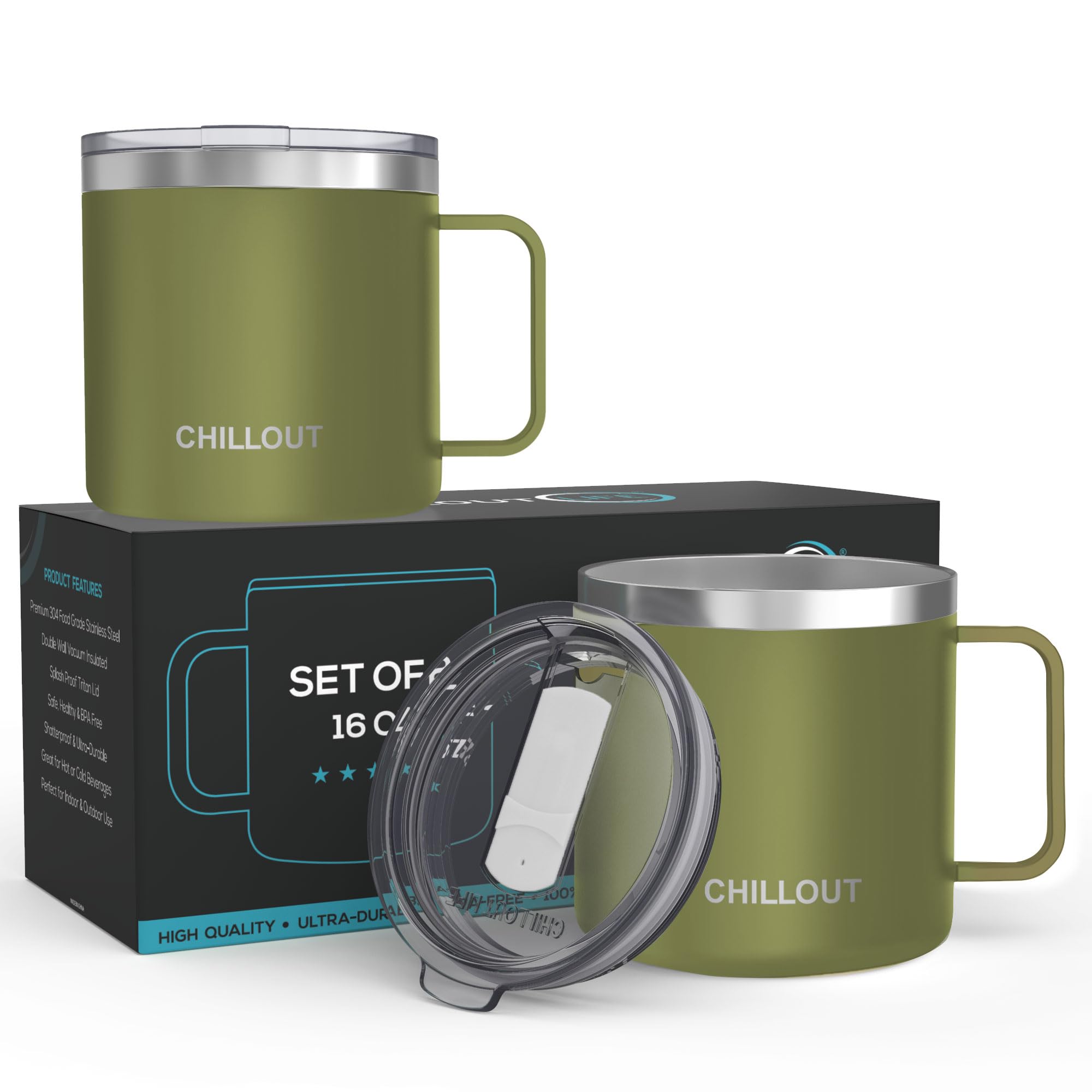 CHILLOUT LIFE Stainless Steel 16 oz (Set of 2) Vacuum Insulated Coffee Mug with Handle and Lid, Large Thermal Camping Coffee Mugs with Sliding Lid for Men & Women