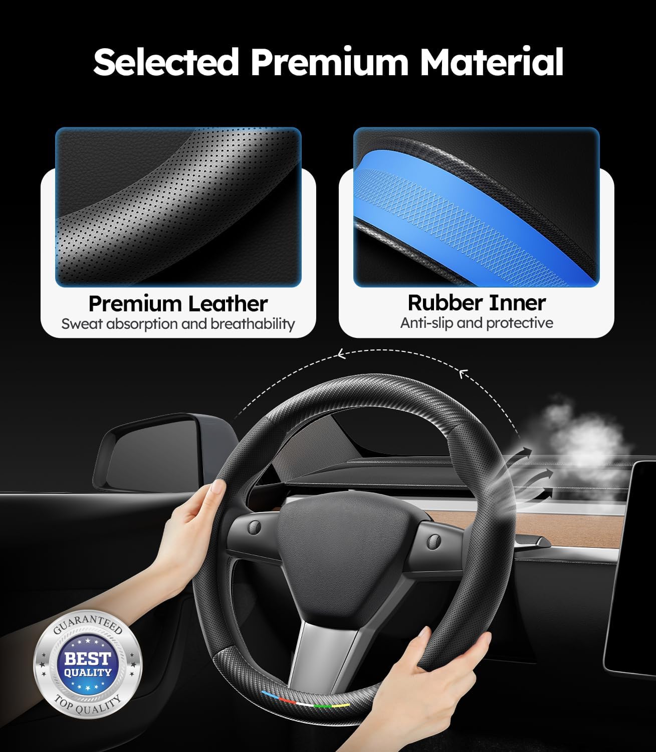 Wigoo Car Steering Wheel Cover Compatible with Ford [Ergonomic Design, Ultra Breathable] Black Leather Wheel Cover for Better Control, Car Accessory for Women and Men, 15.5''-16''