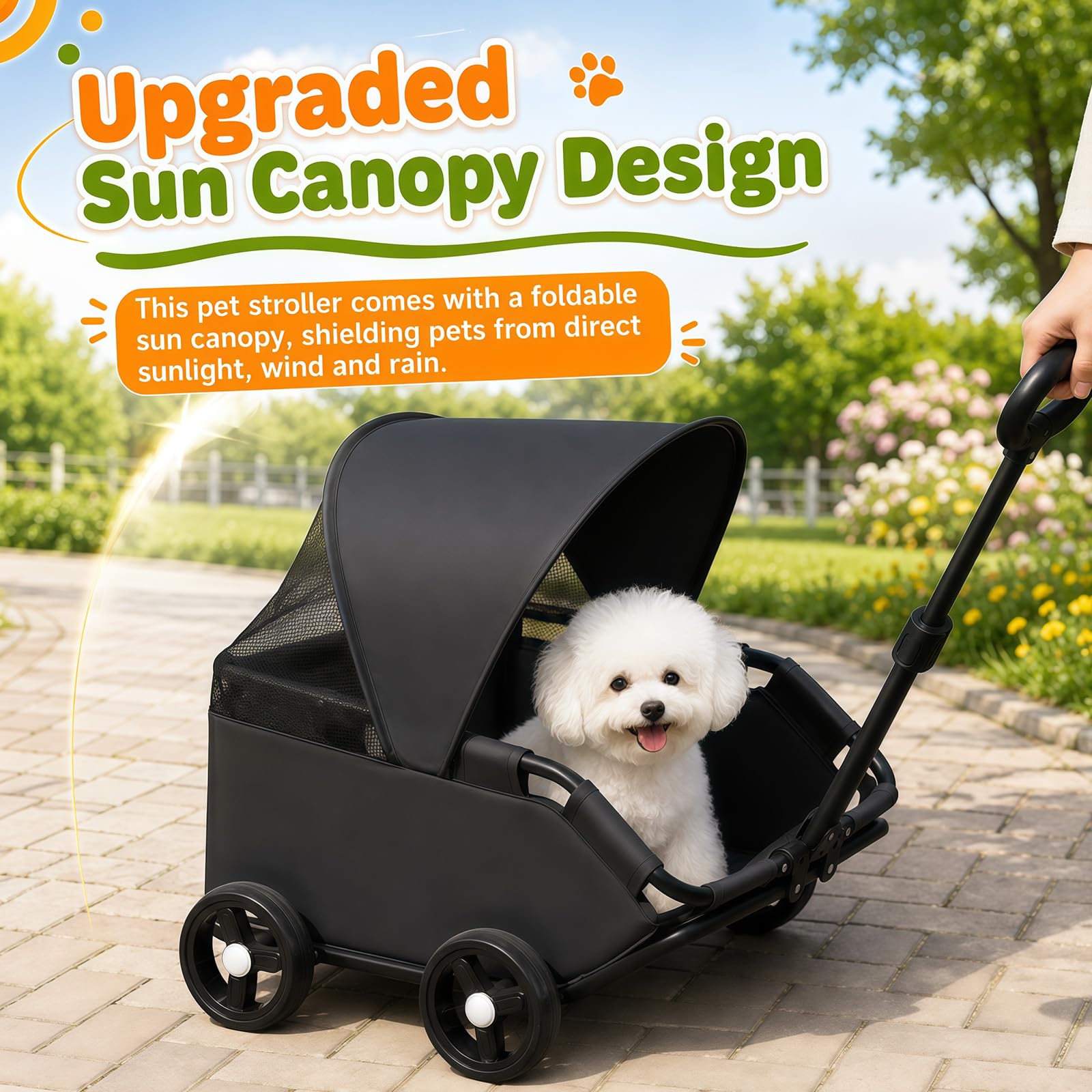 Mini Hundewagen, Hundebuggy für Kleine Hunde bis 7 kg, Faltbare Multifunktionaler Haustierwagen mit 360° Drehbarer Teleskopgriff, Sonnendach, Kinderwagen für Kleine Haustiere