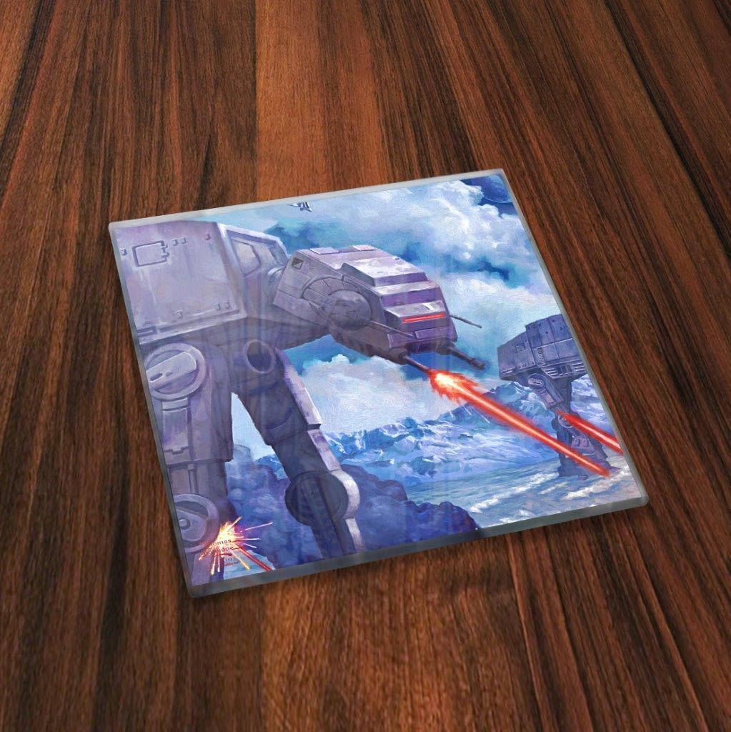 Star Wars– at-at Walker – The Battle of Hoth – Thomas Kinkade – Set of Four 4” x 4” Glass Coasters - Comes with Stylish Modern Wooden Coaster – for Gifting and Collecting SPCSTR1111