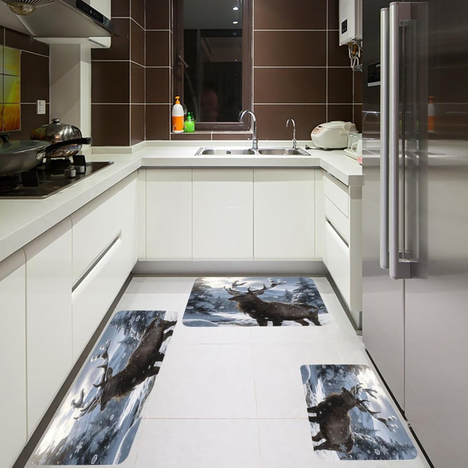 Cold Forest Snowy Deer Kitchen Rugs Sets of 3 Non Slip Kitchen Mat for Floor Comfort Standing Rug and Mats Thick Cushioned Long Area Carpets for Laundry Room Entryway