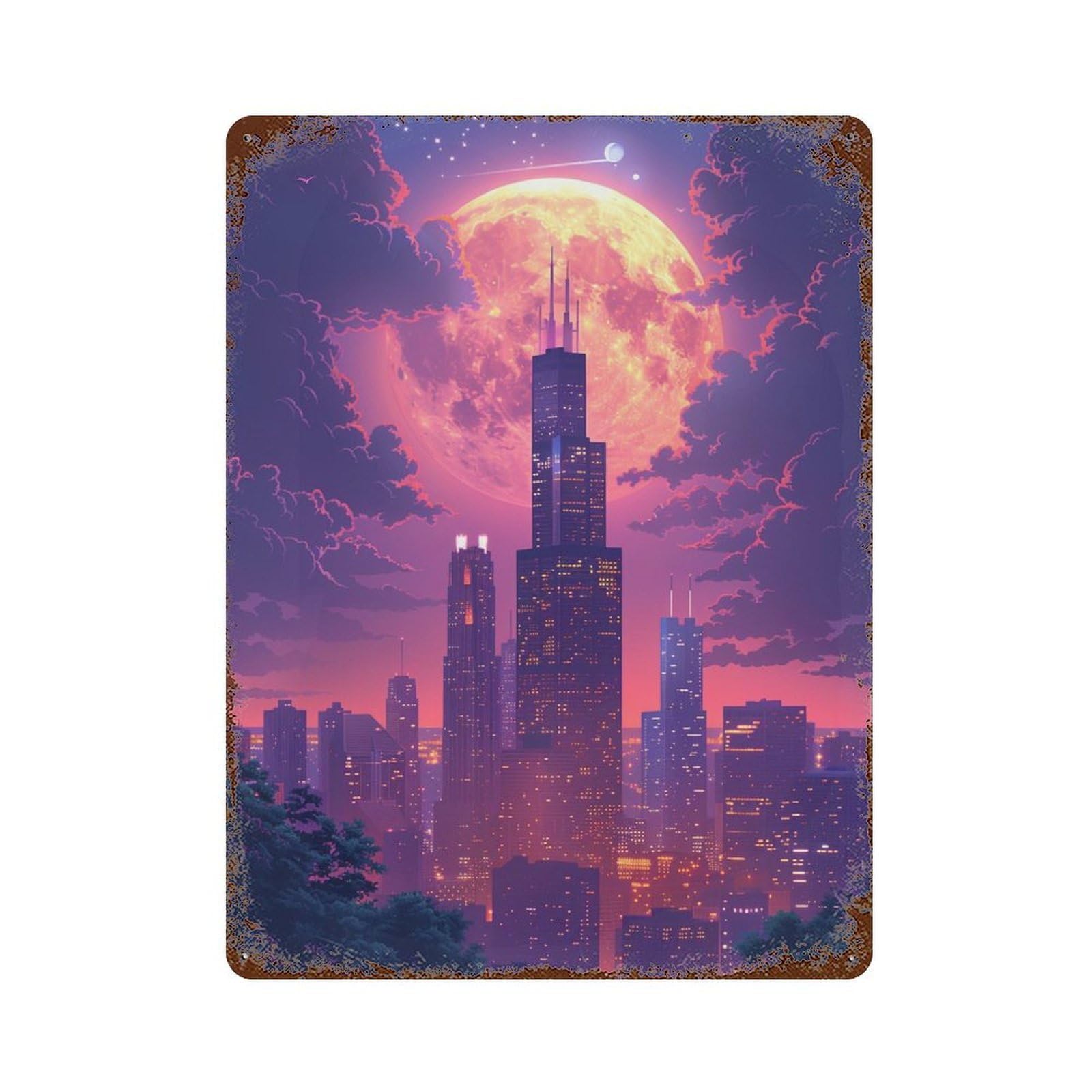 Cityscape with Full Moon Vintage Metal Tin Sign 15.7"x11.8", Ideal for Living Room, Hallway And Home Decor