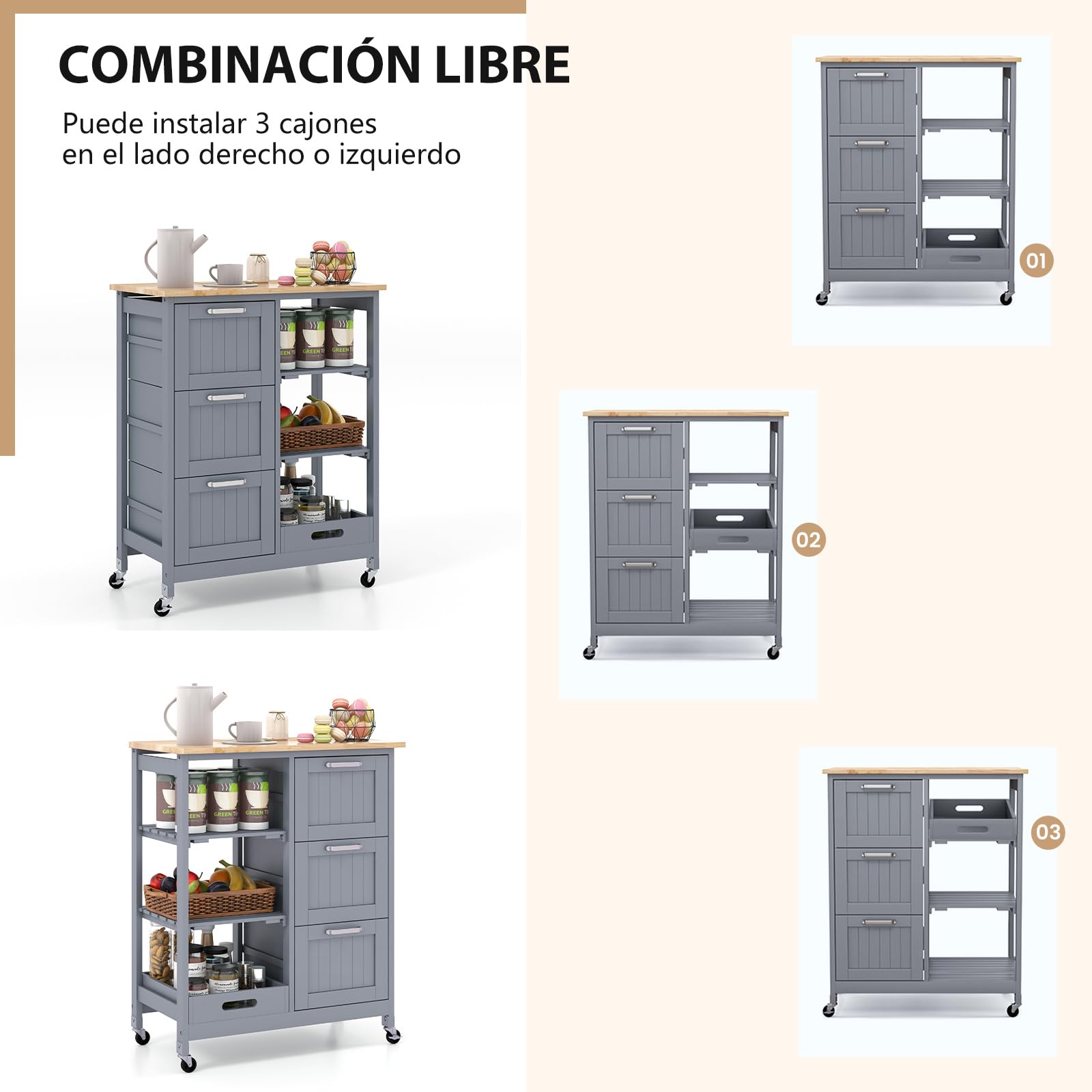 COSTWAY Carrito de Cocina con Ruedas Bloqueables, Carrito de Servicio Multiuso con 2 Estantes Abiertos y 3 Cajones, Bandeja Extraíble, Carro Auxiliar de Madera para Cocina y Comedor (Gris)
