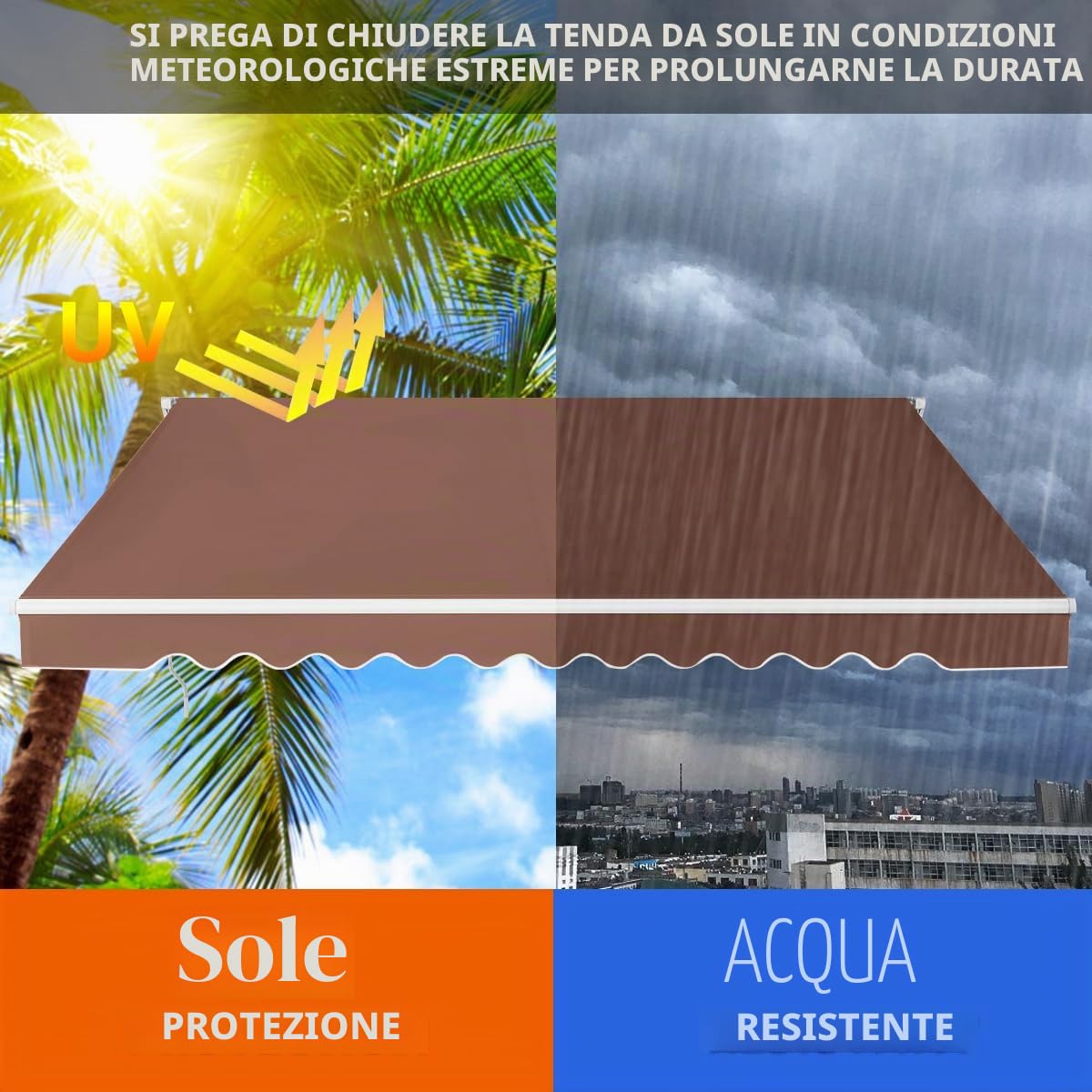 HOMASIS Tenda da Sole a Rullo, Tenda Parasole Retrattile con Manovella, Tenda per Balcone Regolabile in Angolo, Protezione Solare in Metallo e PU per Giardino e Terrazza (Marrone, 4 x 2,5 m)