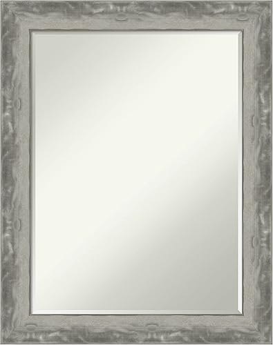 Amanti Art Espejo de baño pequeño biselado (28.5 x 22.5 pulgadas), marco estrecho de plata Waveline - Espejo de pared champán, plata, mediano