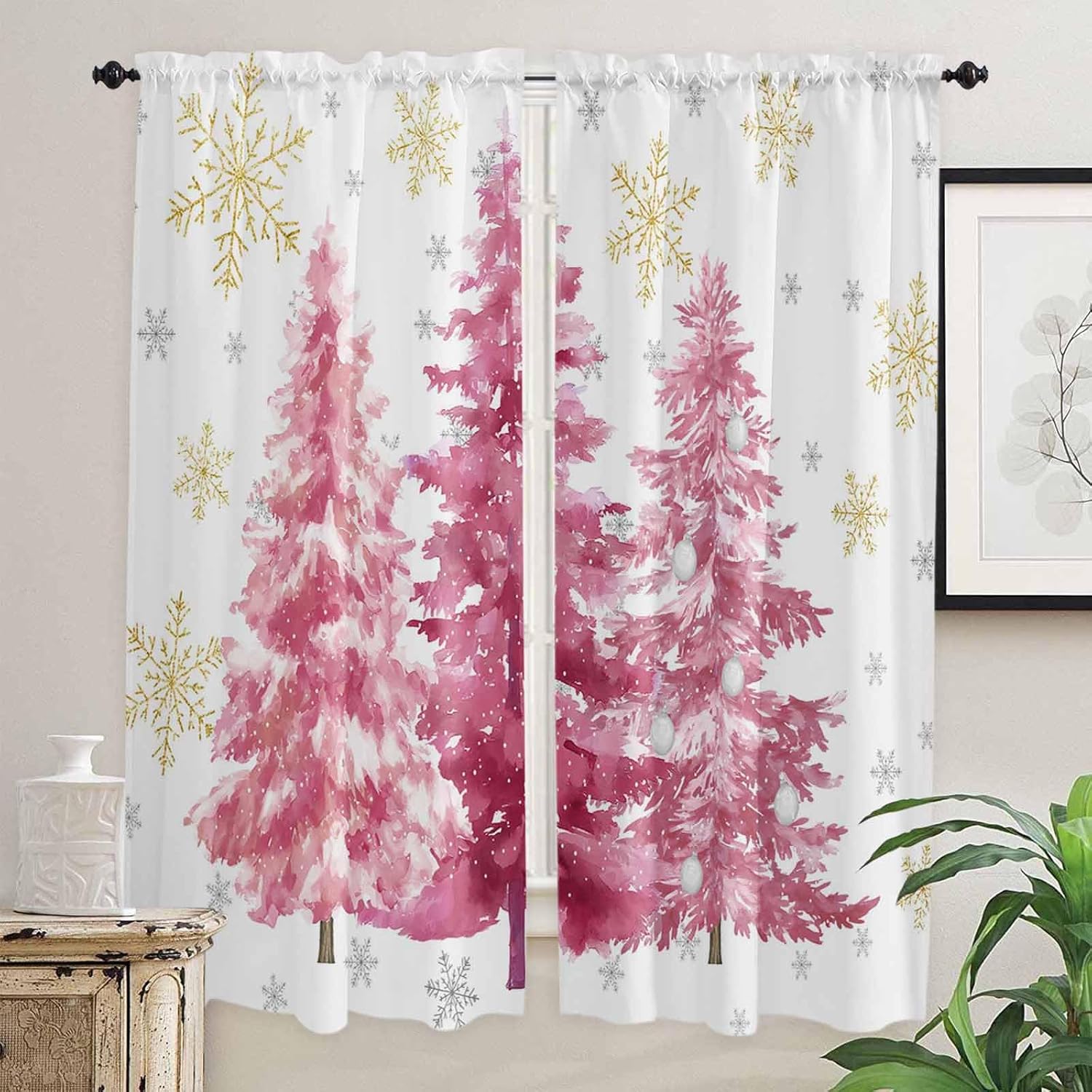 Pink Trees Christmas Window Curtains 72 Inch Long 2 Panel Set, Rod Pocket Long Curtains & Drapes, Xmas Tree Snowflake Winter Light Filtering Window Treatment for Bedroom Living Room 52"W x 72"L