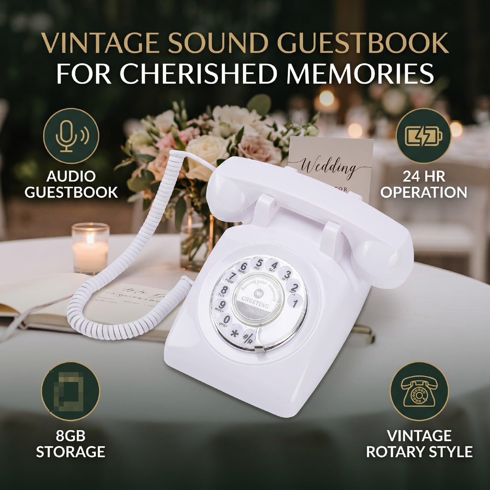 GOWENIC Telefono Vintage con Registrazione Vocale, Libro degli Ospiti con retrò per Eventi Nuziali, Memoria da 8 GB, Registrazione per 120 Ore, Telefono Regalo Facile da Usare (White)