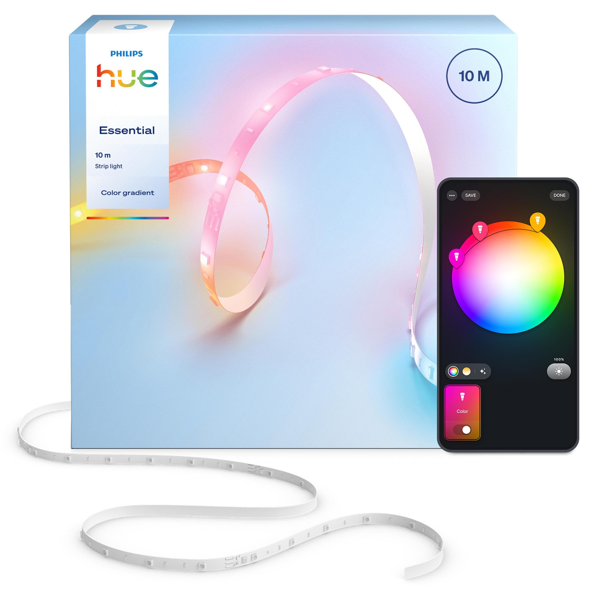 Hue Essential Tira LED 10 metros, RGBIC, Colores y Ambiente Vibrantes, Iluminación Interior Flexible, Fácil Instalación, Control por App y Voz, Funciona con Alexa, Google Assistant y Apple Home.