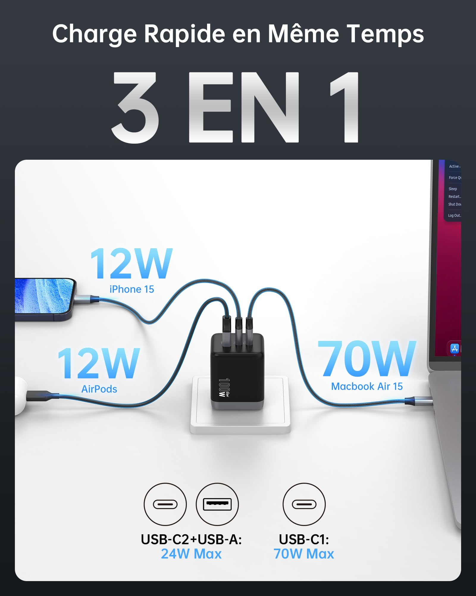 NOVOO 100W Chargeur USB-C Rapide，Prise USB C à 3 Ports, Adaptateur Compatible avec iPhone 16 Plus Pro Max, Galaxy PPS 45 W, S24 Ultra, S23, S22, Pixel, iPad, MacBook Air, Noir