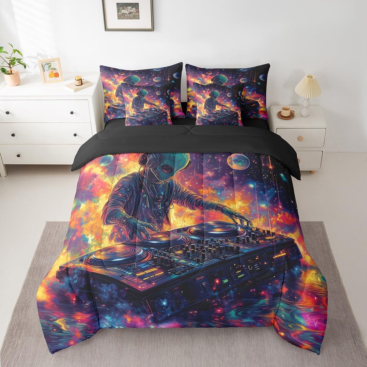 Manfei 7 Pieces Alien Comforter Set Twin Size,Music Theme Bedding Set for Kids Girls Bedroom Decor,Coloful Neon Universe 7pcs Bed in a Bag with Comforter, Sheets and Pillow Cases