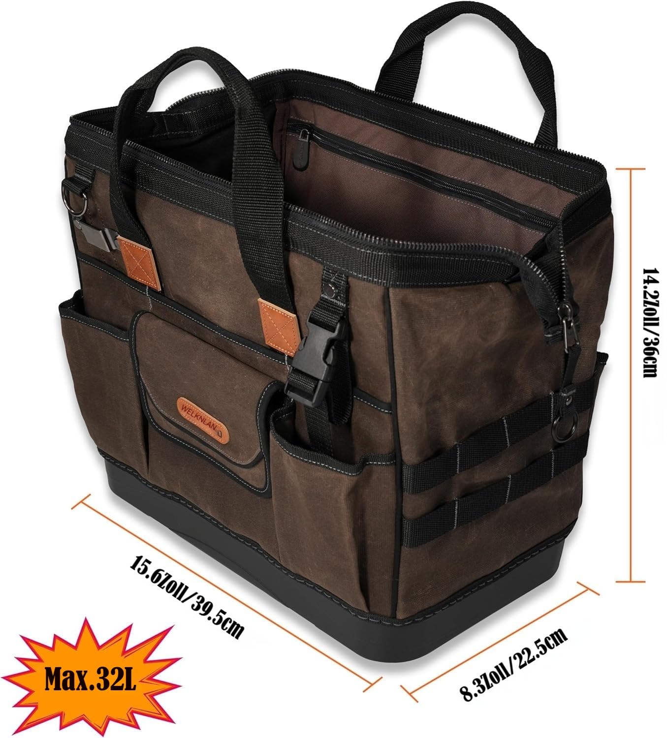 WELKINLAND Werkzeugtasche aus gewachstem Segeltuch mit 45 Fächern, 40,6 cm, robuste Techniker-Werkzeugtasche für Elektriker, hartes Bodenmaterial.