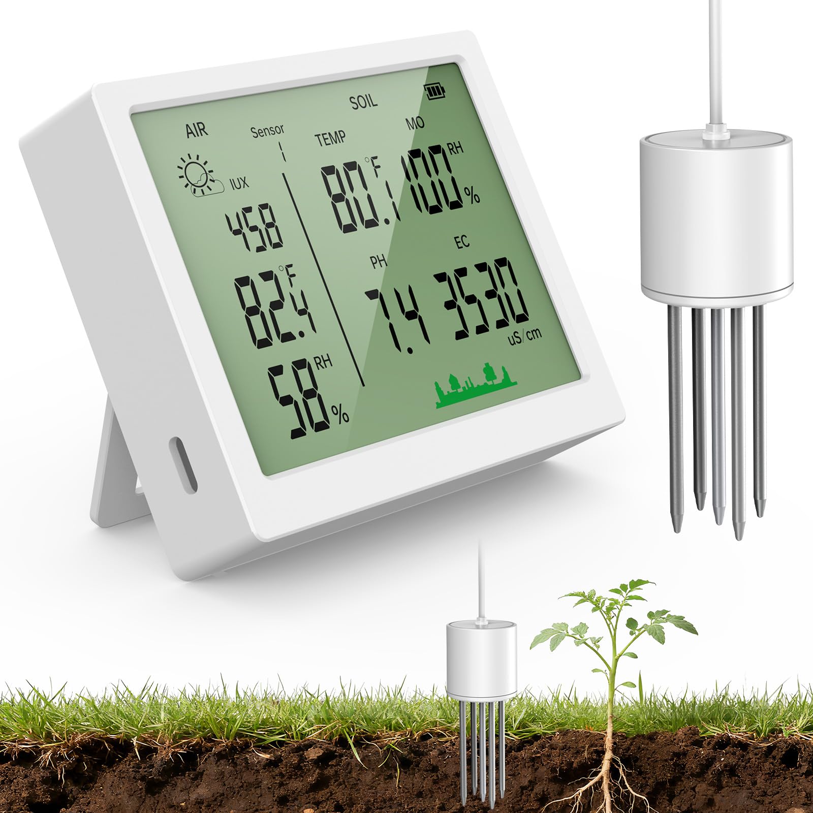 EXTSUD Testeur pH Sol -7 en 1 Thermometre de Sol Testeur pour Fertilité/pH/Température/Humidité/Lumière/Humidité Ambiante/Température Ambiante pour Pot de Fleurs Plante Jardin Ferme Cour
