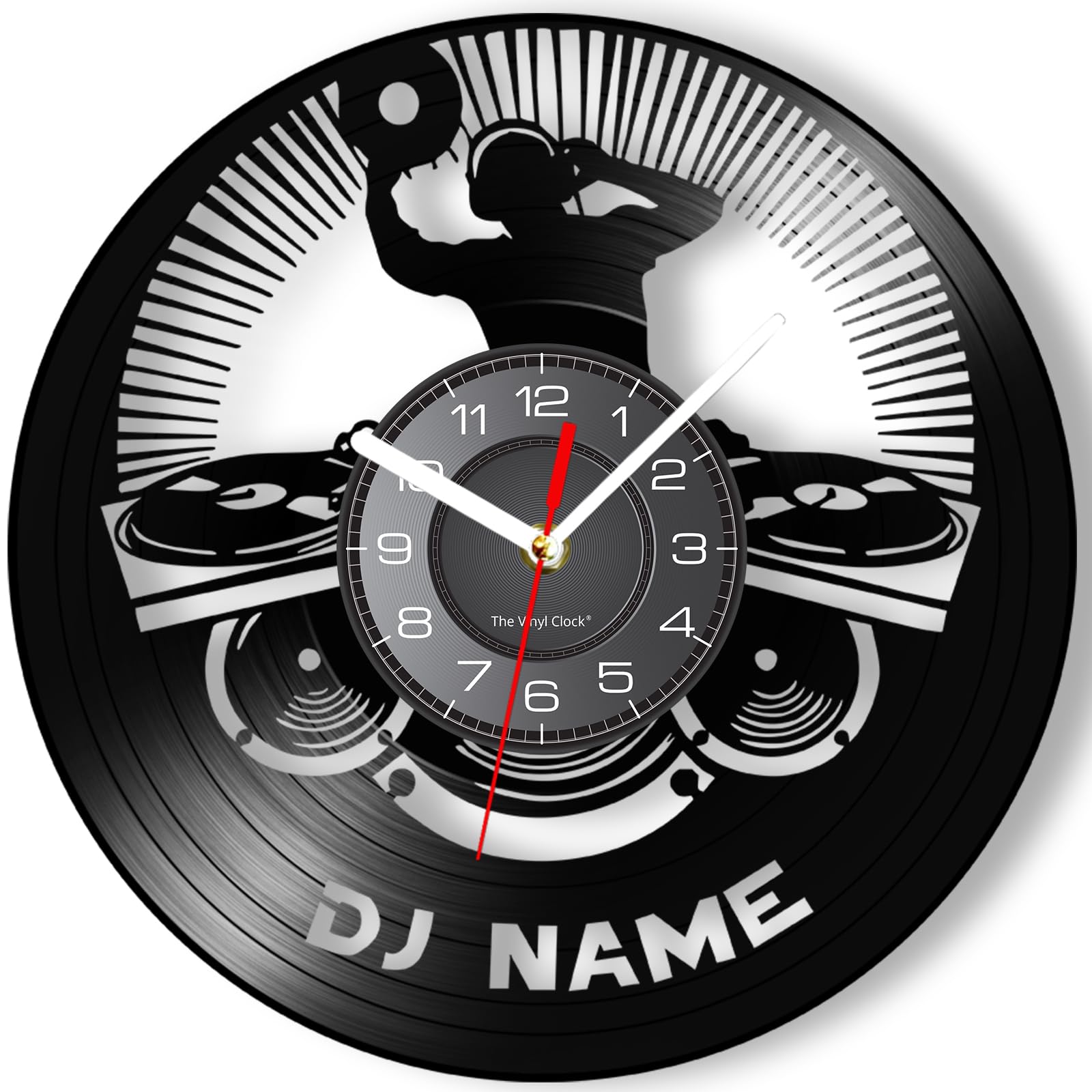 12 Inch Personalized Dj Name Clock, Custom Dj Music Vinyl Record Wall Clock Silent Non-Ticking Battery Operated Clock Wall Watch Gifts for Dj Man Cave Bedroom Music Room Studio