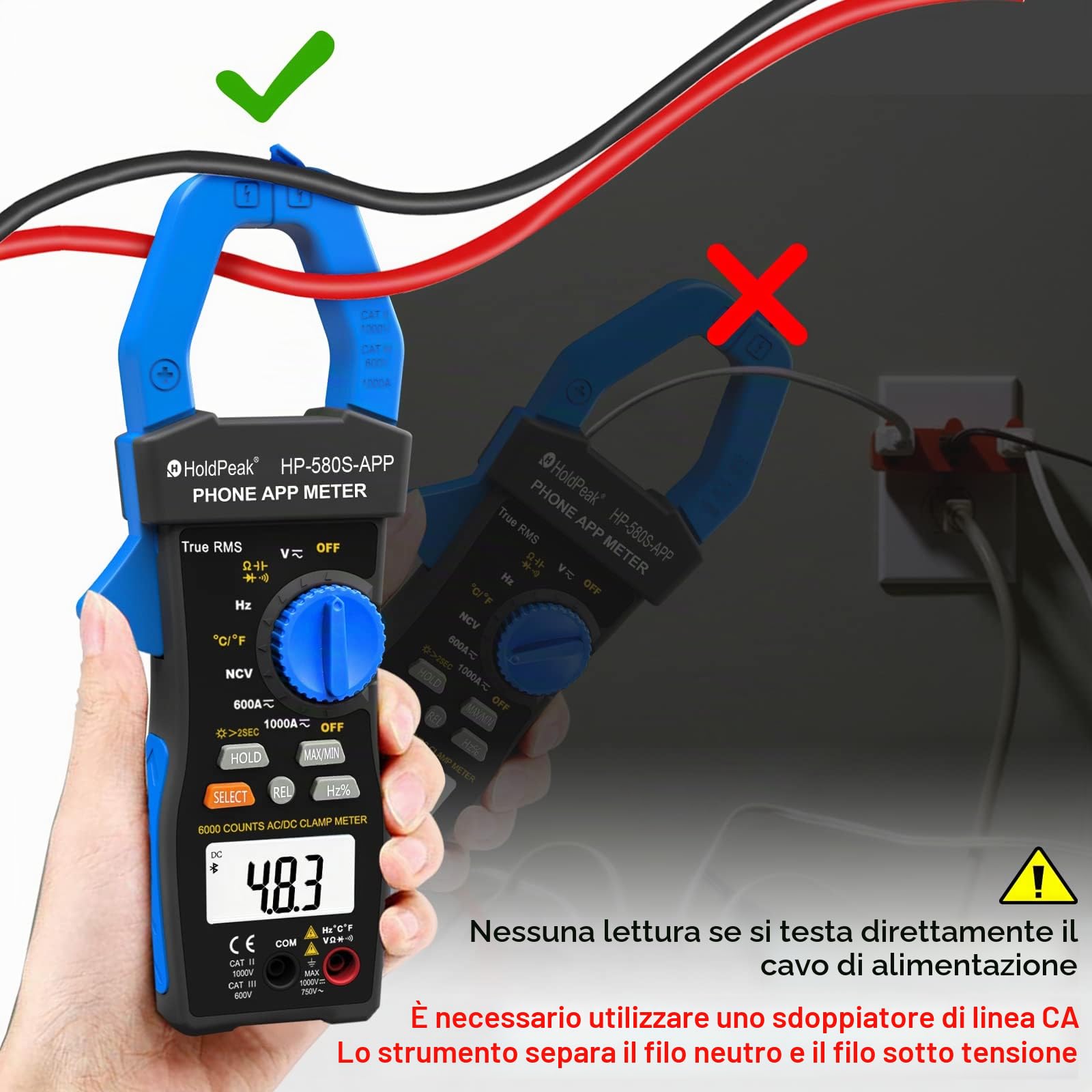 HoldPeak Pinza Amperometrica Professionale True-RMS con APP Connect, 6000 Conta Multimetro HP-580S-APP Auto Ranging, NCV 1000A AC/DC Volt ohm Resistenza Capacità Continuità Temperatura Diodo