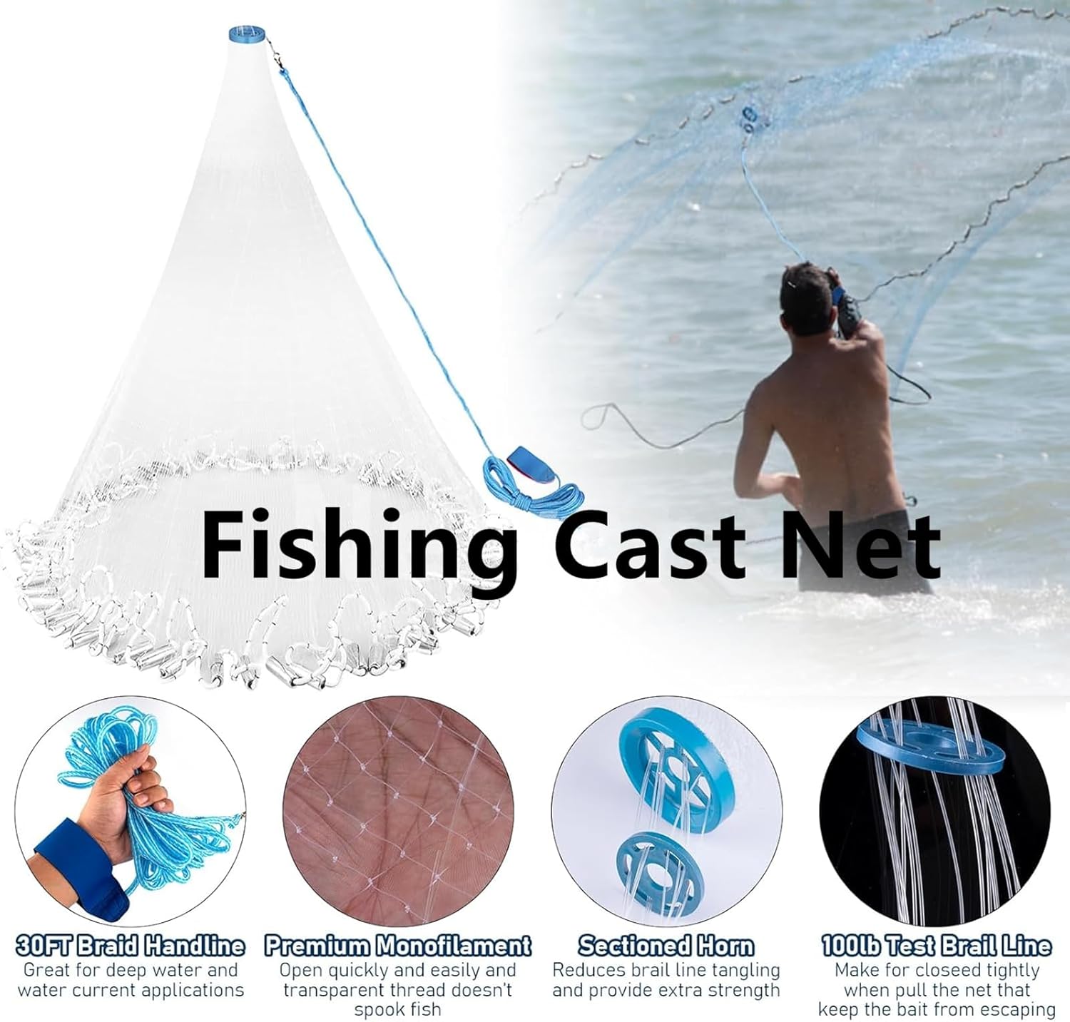 1/4 Inch Mesh Professional Cast Net For Fishing (4ft/6ft/8ft