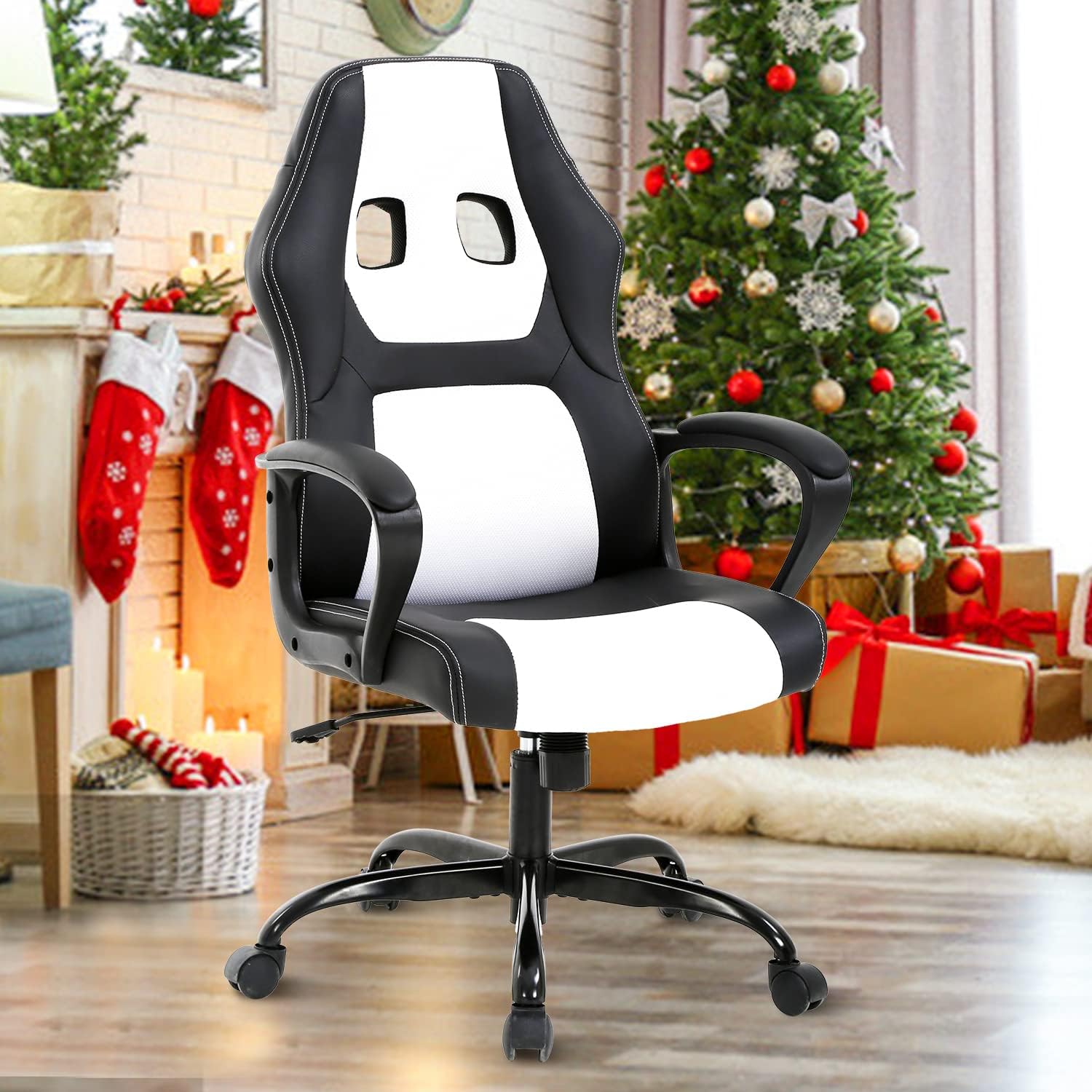 Gaming Chair Ergonomic Office Chair, High Back Racing Desk Chair with Lumbar Support Armrest, Adjustable Massage Reclining Computer Chair PU Leather Executive Task Rolling Swivel Chair for Adults
