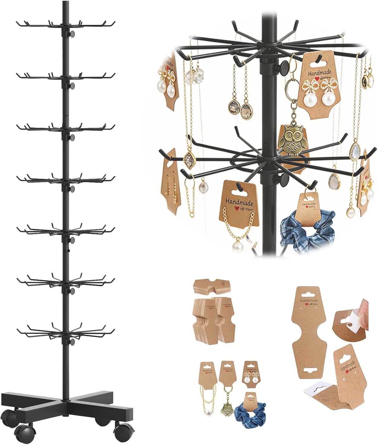 Rotating Display Stand 7 Tier & 200PCS Cards, Retail Display Rack for Ornament Earring Keychains Jewelry Vendor Events, 360° Spinning Display Spinner Movable and Adjustable