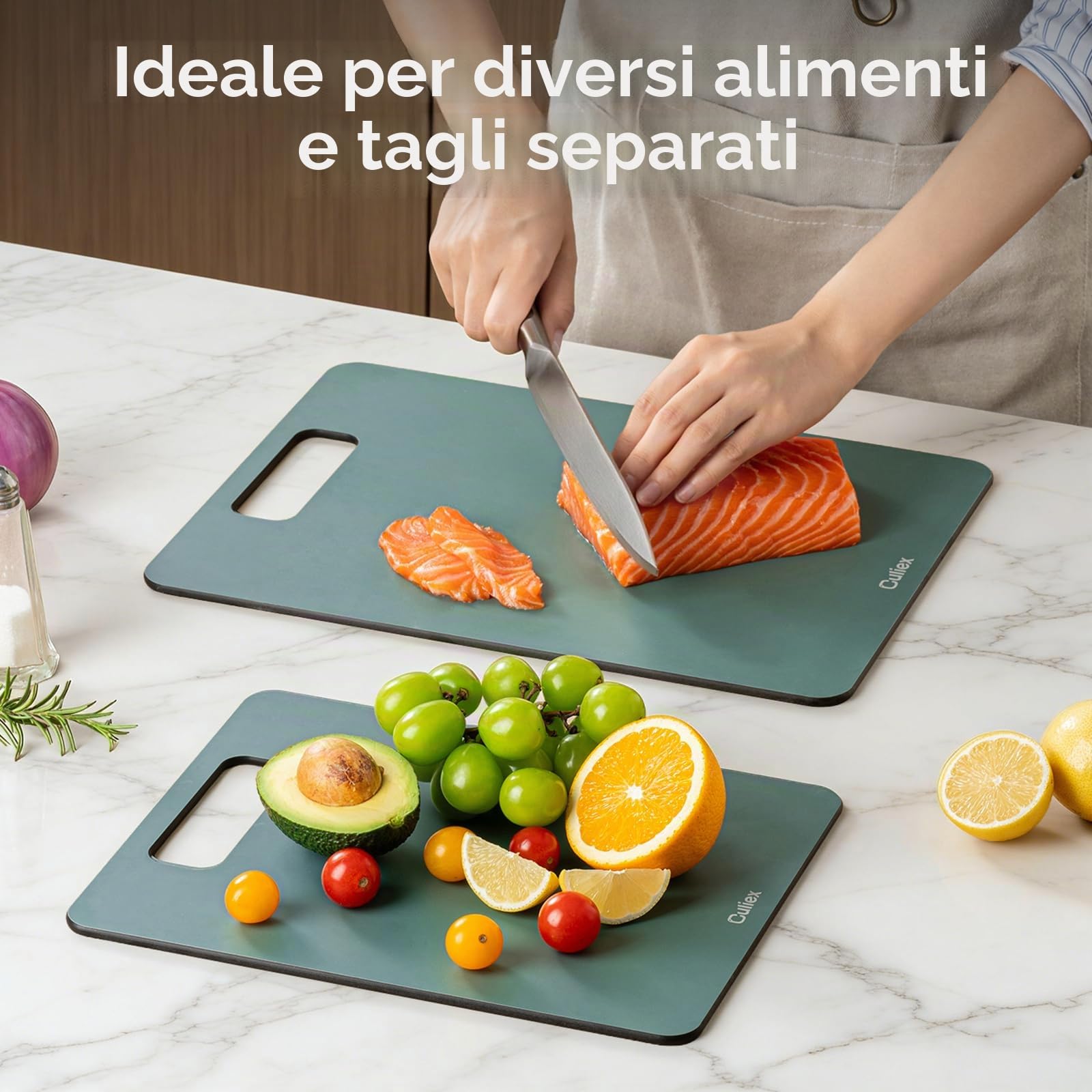 Tagliere in Fibra di Legno, Set da 2, Lavabile in Lavastoviglie Tagliere Composito, Alta Densità, Atossico, Senza BPA, Piedini Antiscivolo, Adatto ai Coltelli per Carne, Verdura, Frutta e Pane