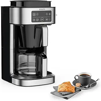 Krups Aroma –Cafetera de filtro de 1000W potencia, dosificación automática, sistema inteligente de palanca, capacidad de 1.25L y hasta 10 tazas, apagado automático, acabado de acero inoxidable, KM760D
