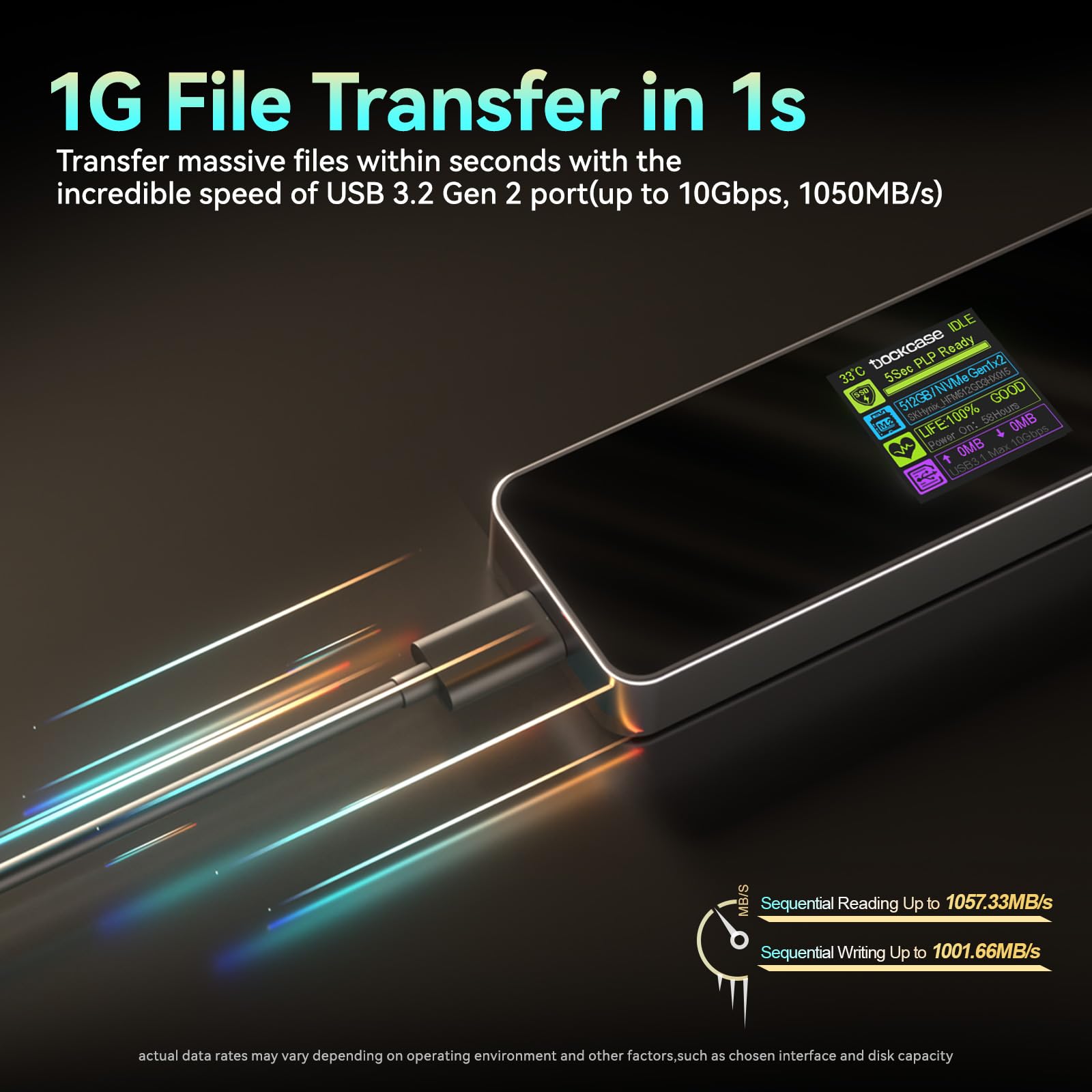 DOCKCASE M-Key Smart Case SSD M.2 NVME-adapter, ondersteunt 10s Power Loss Protect, USB 3.2 Gen 2 harde schijf behuizing, 10 Gbps SSD Case voor 2230/2242/2260/2280 M.2 NVMe SSD (10s PLP
