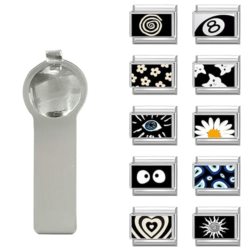 papasgix 11Pcs Italian Charms Set, 10mm*9mm Silvery Italian Charm Bracelet Link Black Patterns Stainless Steel DIY Jewelry Gifts - Heart