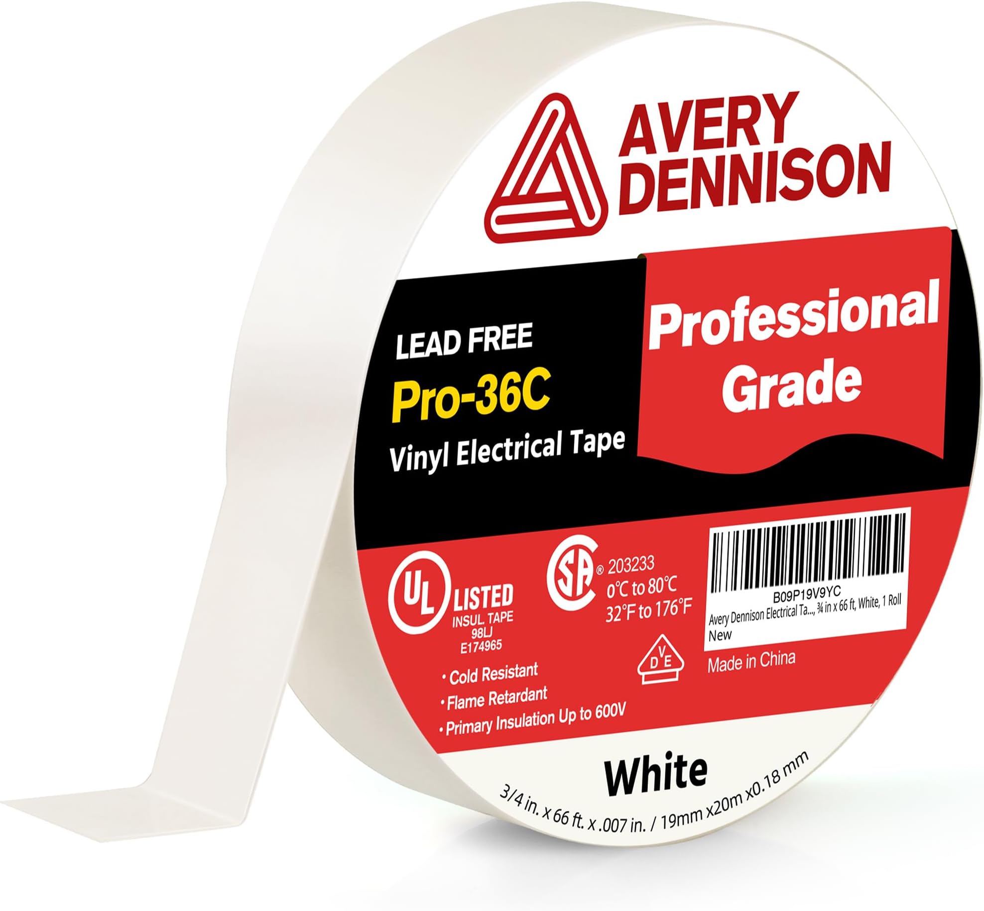 Professional Grade Vinyl Electrical Tape, Pro-36C, ¾" x 20m, White, 1 Roll