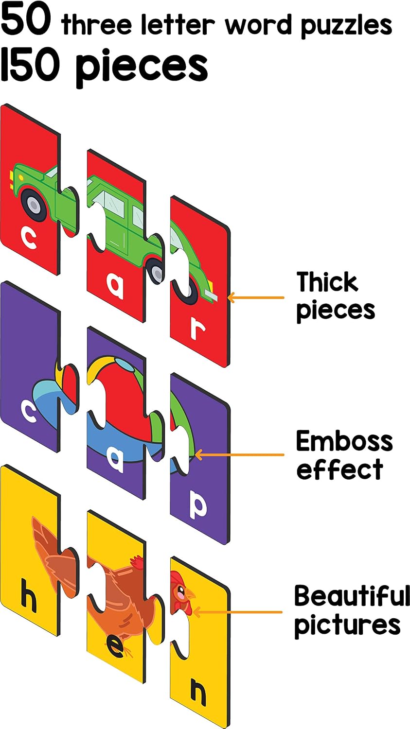 Play Poco Spelling Fun Type 1-150 Piece Spelling Puzzle - Learn to Spell 50 Three Letter Words - Beautiful Colorful Pictures (Age 4+)