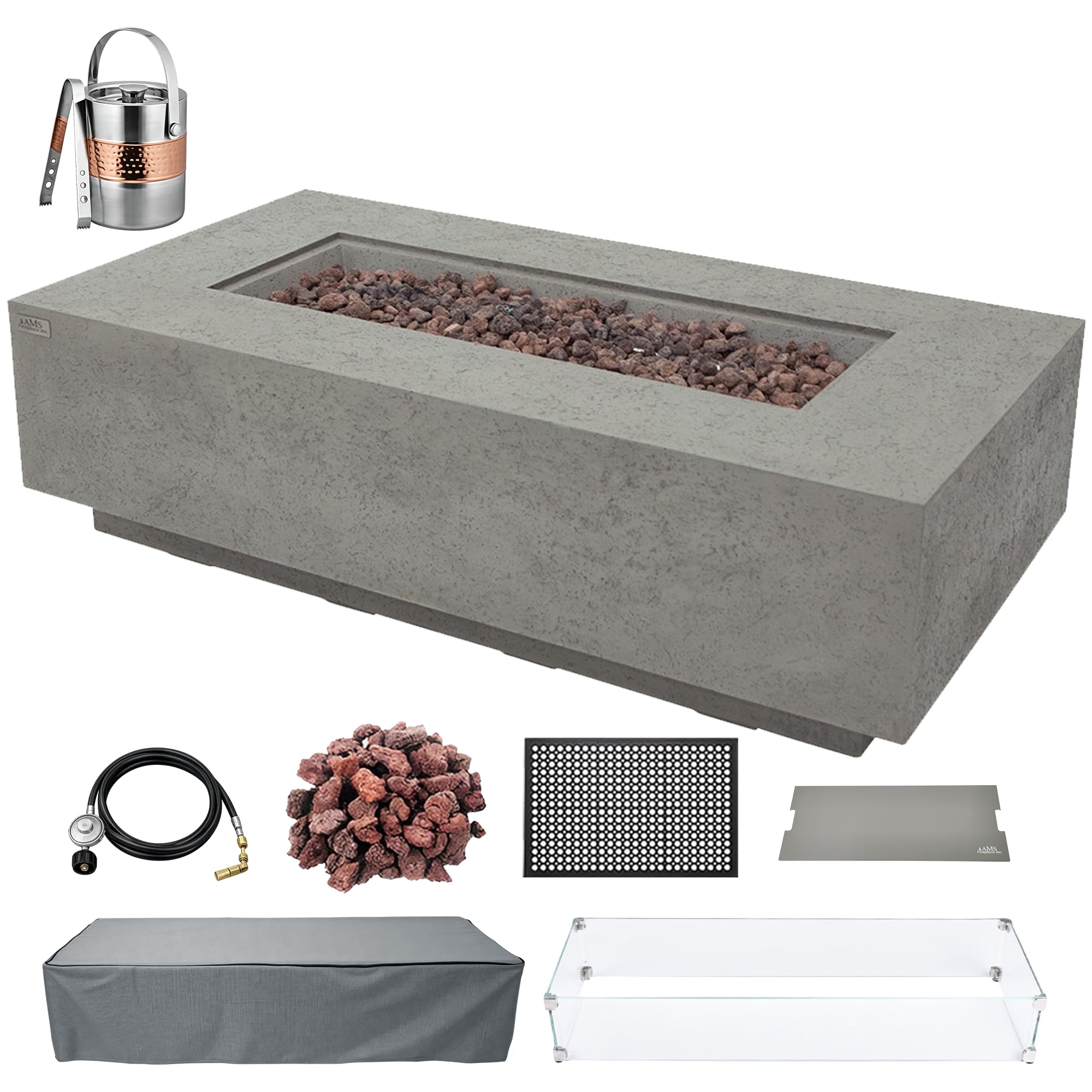 AMS 60" Rectangular Concrete Natural Gas Fire Pit Table Bundle (Light Gray)