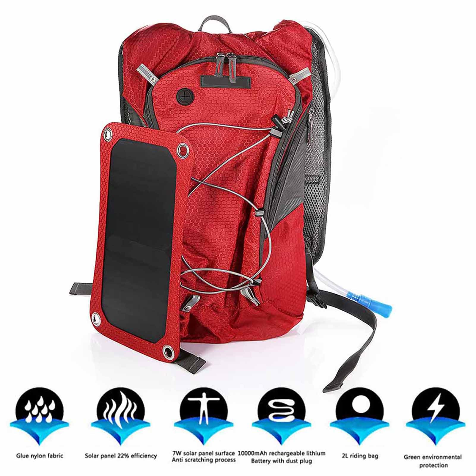 POENVFPO Mochila Solar, Bolsa de Energía Solar de Nylon Portátil con Panel Solar de 6.5W y Bolsa de Agua de 2 litros para Viajar en Ciclismo Al Aire Libre
