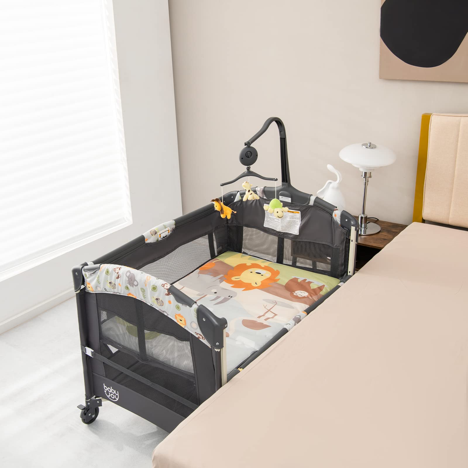 RELAX4LIFE 4 in 1 Lettino da Campeggio per Bambini, Culla Neonato con Fasciatoio, Materasso e Cingia Fissagio, Altezza Regolabile con 3 Livelli, Adatto a Bambini da 3 a 36 Mesi (Grigio Scuro)