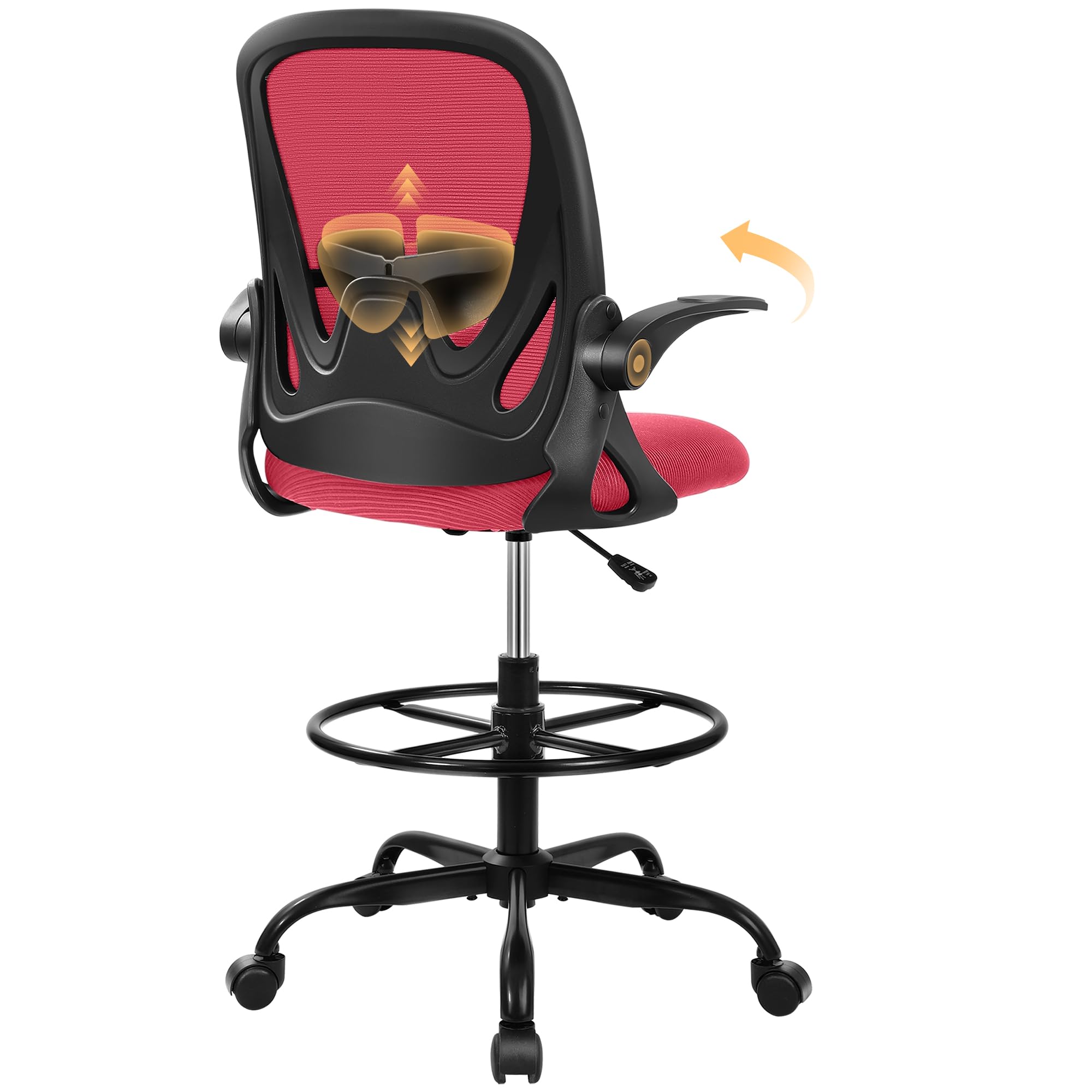 Primy Drafting Chair Tall Office Chair with Flip-up Armrests Executive Ergonomic Computer Standing Desk Chair with Lumbar Support and Adjustable Footrest Ring (Fire Brick)