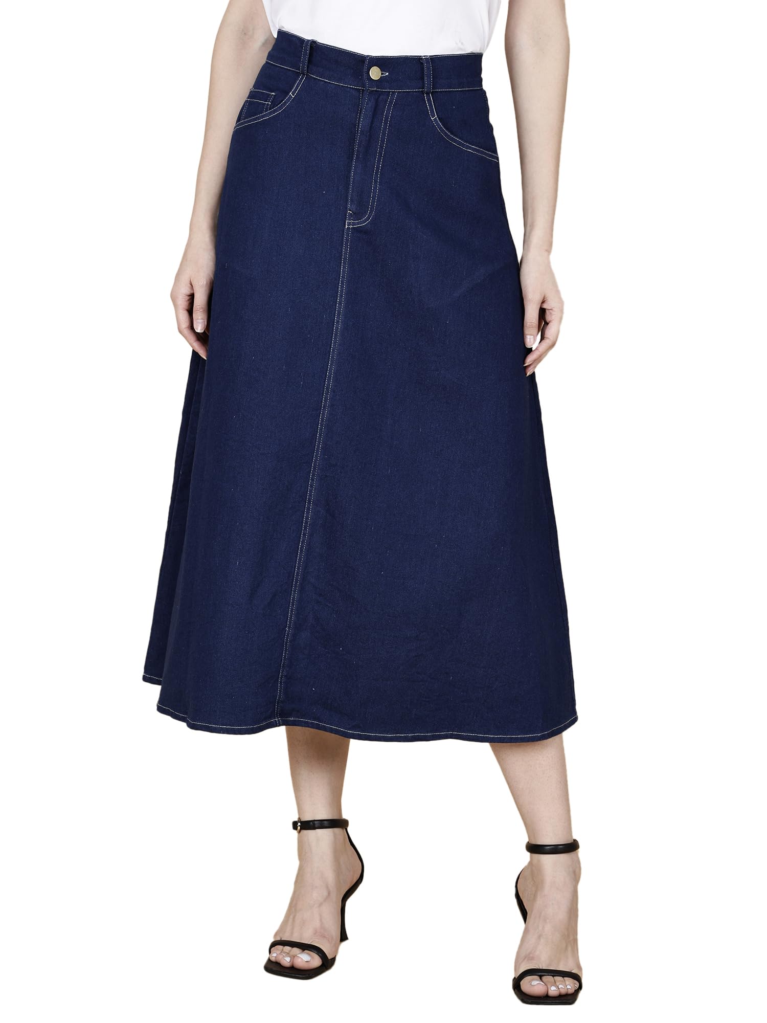 Women High Waist Denim Midi Skirt | A-Line Long Skirt with Pockets-image-27