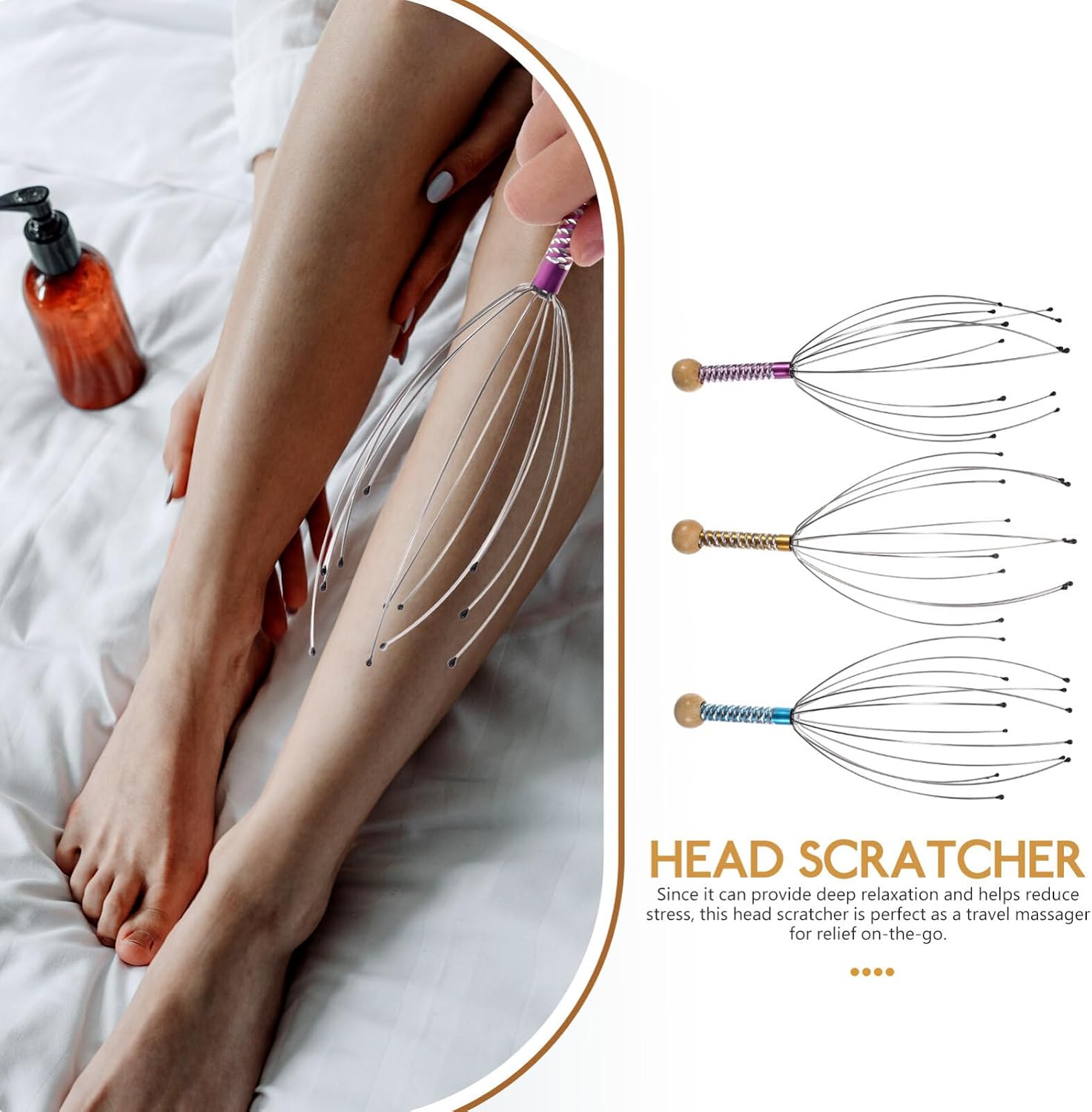 rosenice Scalp Massager Hand Held Therapeutic Head Scratcher Steel Wire Head Massager with Wooden Handle for Home Spa Relief and Relaxation (3 Packs) image 5