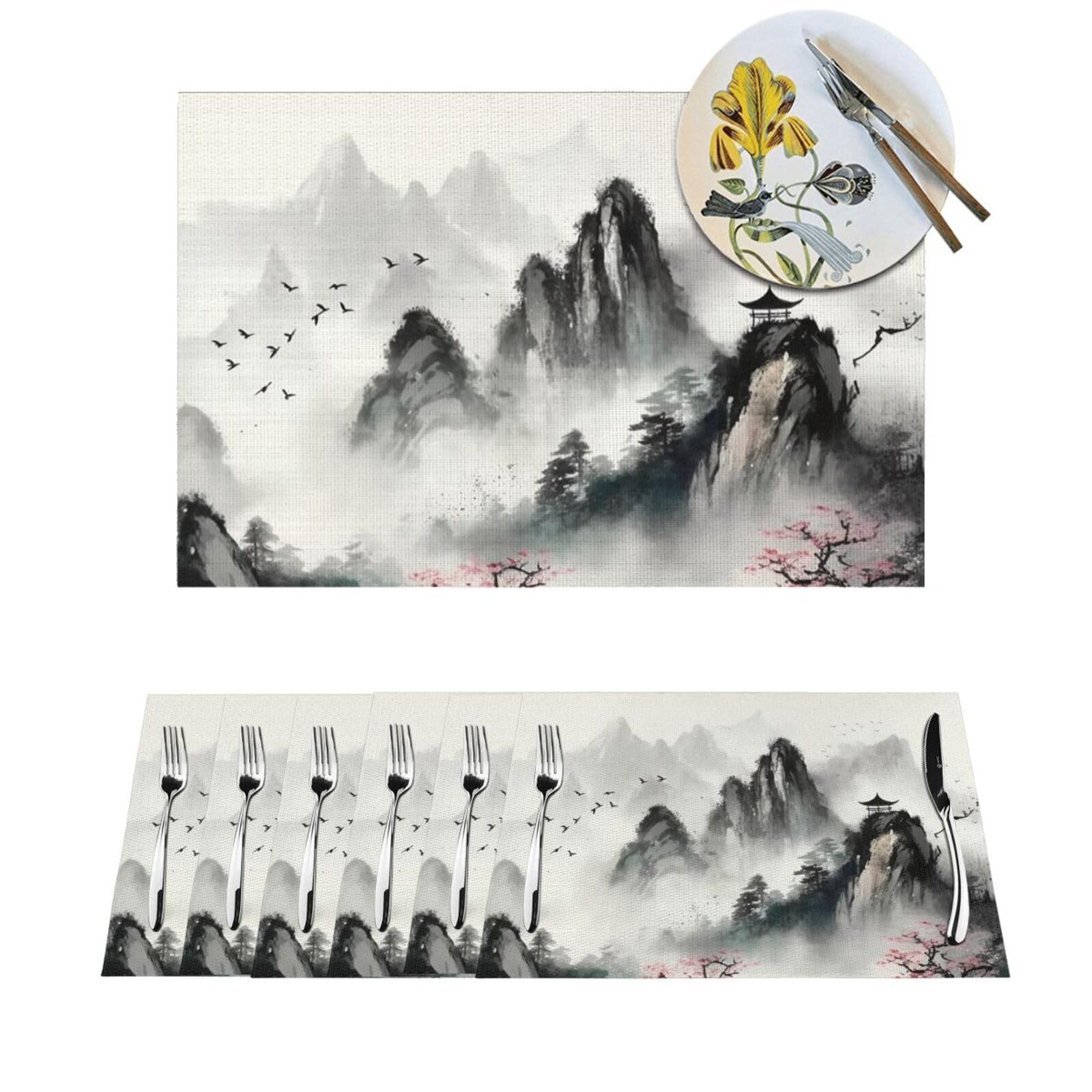 Tapis de table style peinture à l'encre de montagne pour repas chic