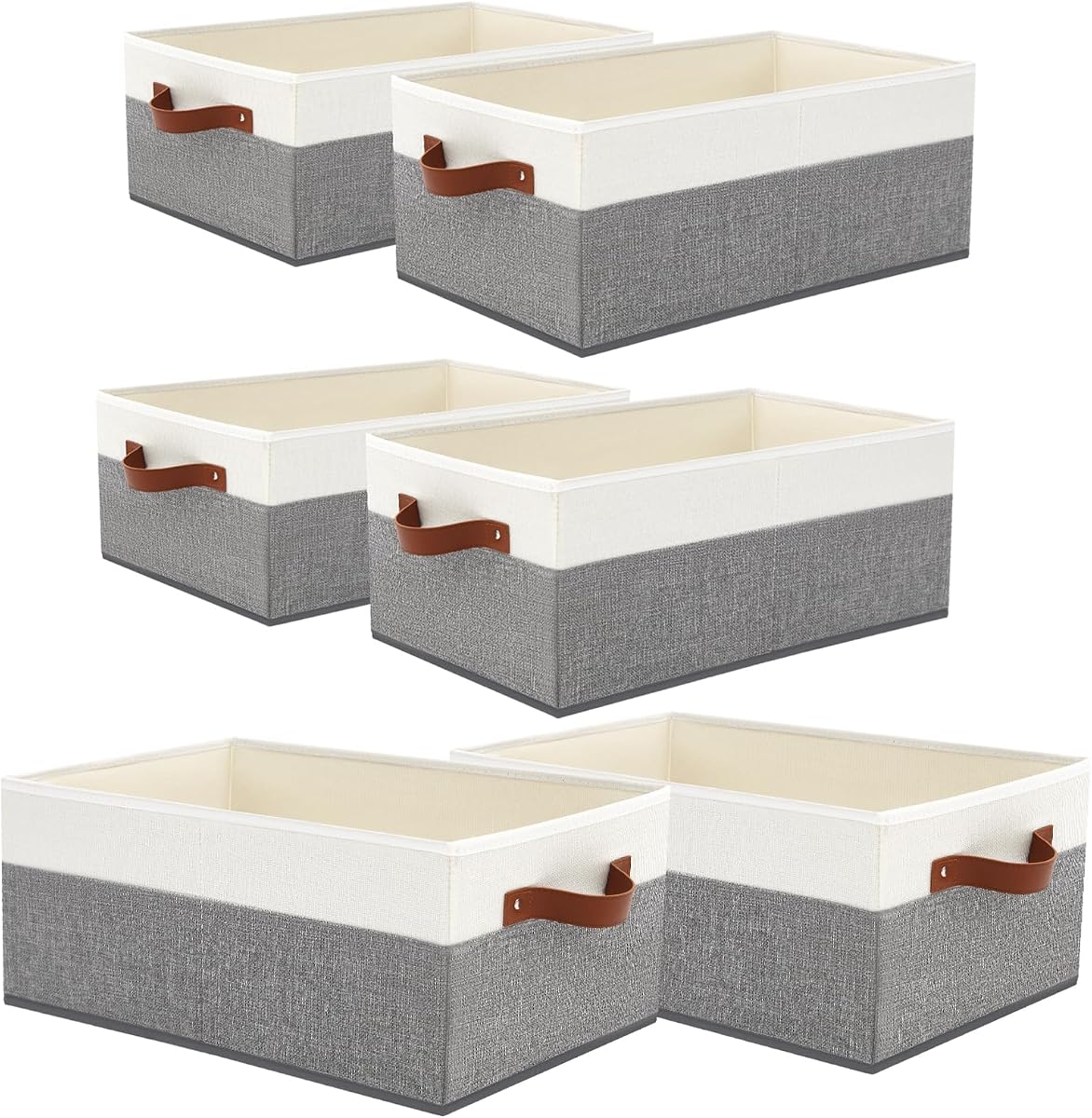 6 Pack Closet Storage Bins, Storage Baskets for Shelves | Linen Closet Organizers and Storage with Leather Handles for Clothes,Towels, Sheets, Jeans, Toys, Books (Grey and White)