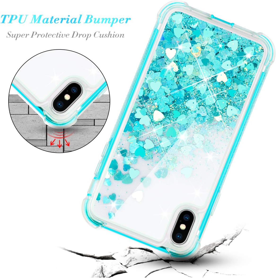 Caka Glitter Case for iPhone Xs Max Case Bling Liquid Shockproof Full Body for Girls Women Shiny Love Flowing Floating Luxury Heavy Duty Clear Phone Case for iPhone Xs Max (2018)(Teal)