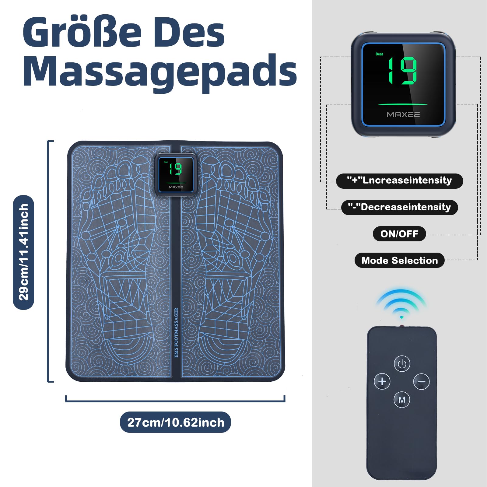 Maxee EMS Fußmassagegerät, Kabelloses Tragbares Fußmassagegerät mit Fernbedienung, 8 Modi 19 Intensitäten, TYP C Fußgesundheitsmassagegerät, Fördert die Durchblutung-11