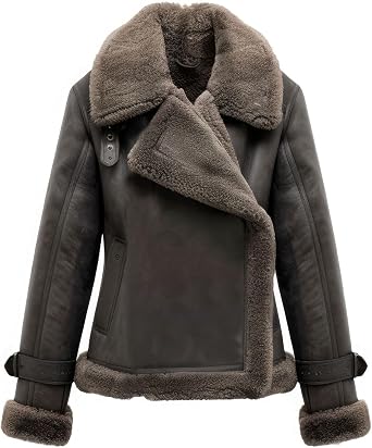 Womens Shearling Jacket Aviator B3 Vintage Biker Jacket Ash Grey Sheepskin Leather Motorcycle Coat Real Fur Lined Winter Coat