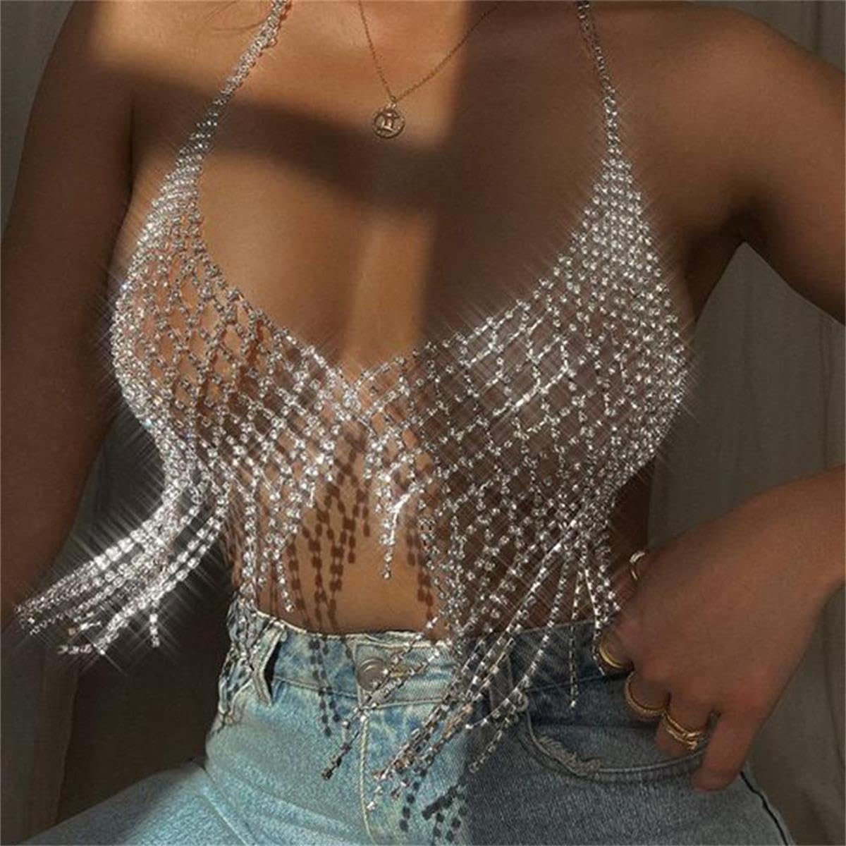 Rhinestone Chest Chain Body Chain Crystal Bikini Bra Chain Summer Beach Nightclub for Women (Silver)