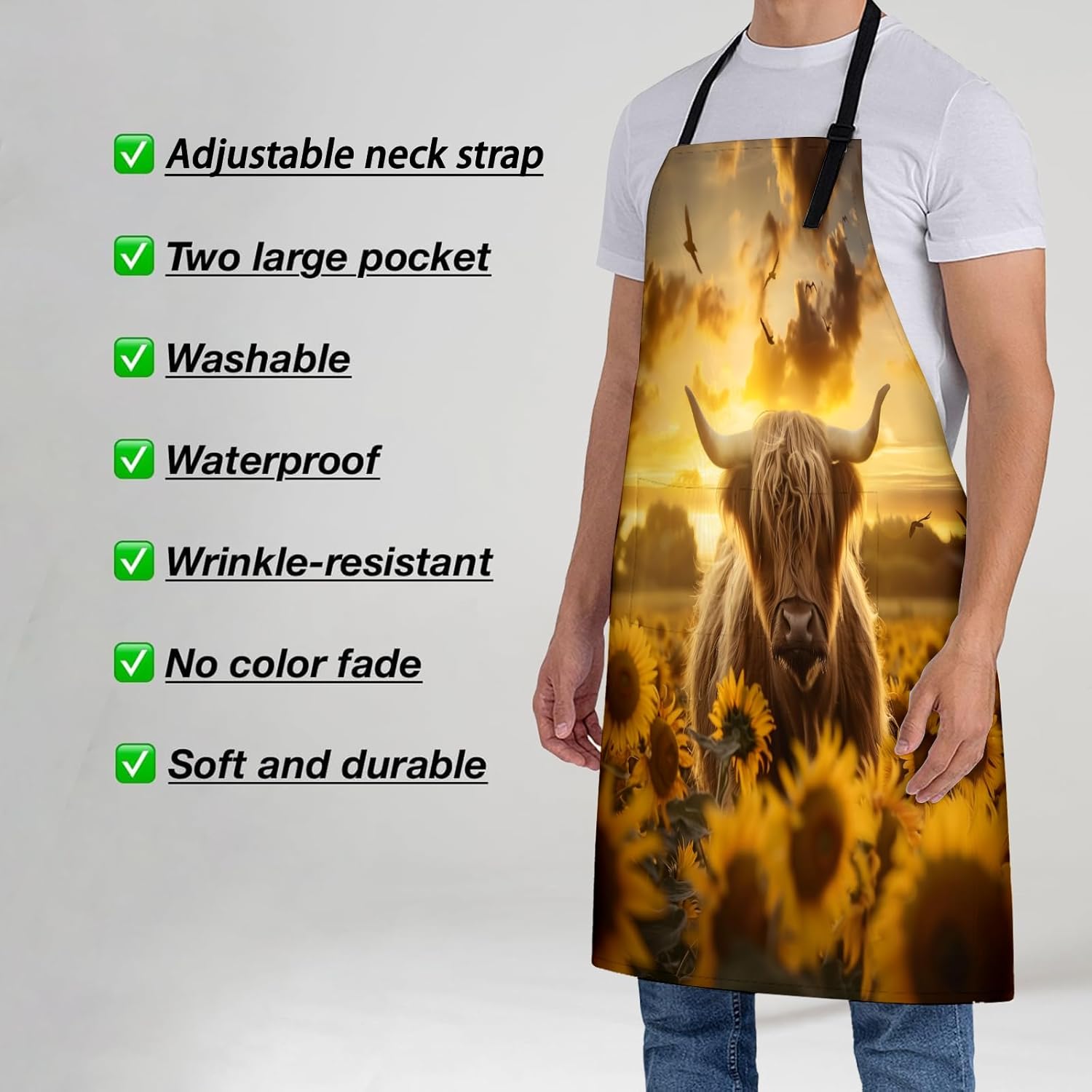 Highland Cow and Sunflower Apron for Women, 28x33in, Kitchen Chef Aprons with 2 Pockets, Polyester, Rustic Country Sunset Apron for Cooking BBQ Baking Gardening Chef, Gifts for Mom Wife Dad - Image 2