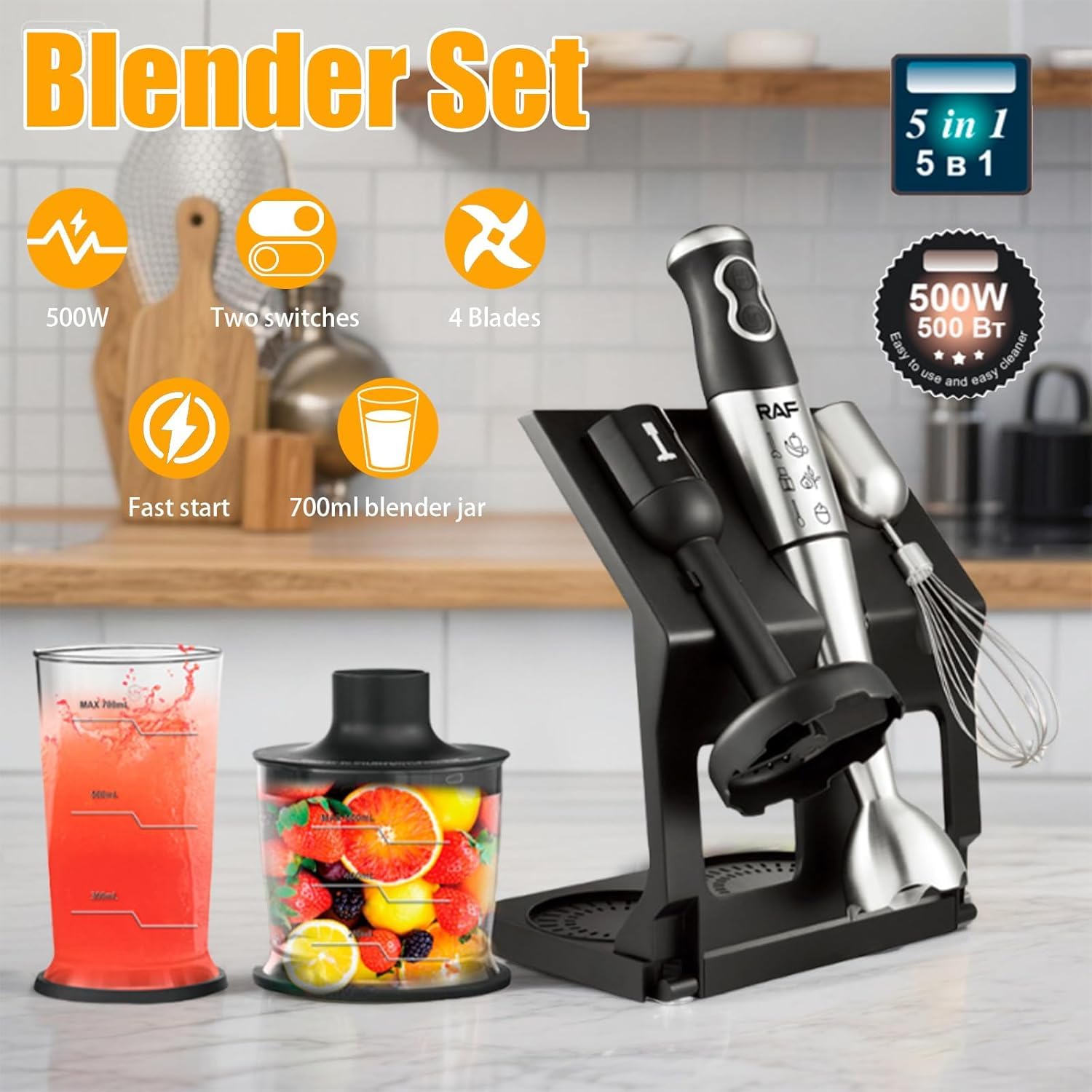 Set frullatore a immersione da cucina 5 in 1 frullatore a immersione con frullatore, frusta, tritatutto e tazza, due velocità frullatore manuale per carne, alimenti per bambini e frullati